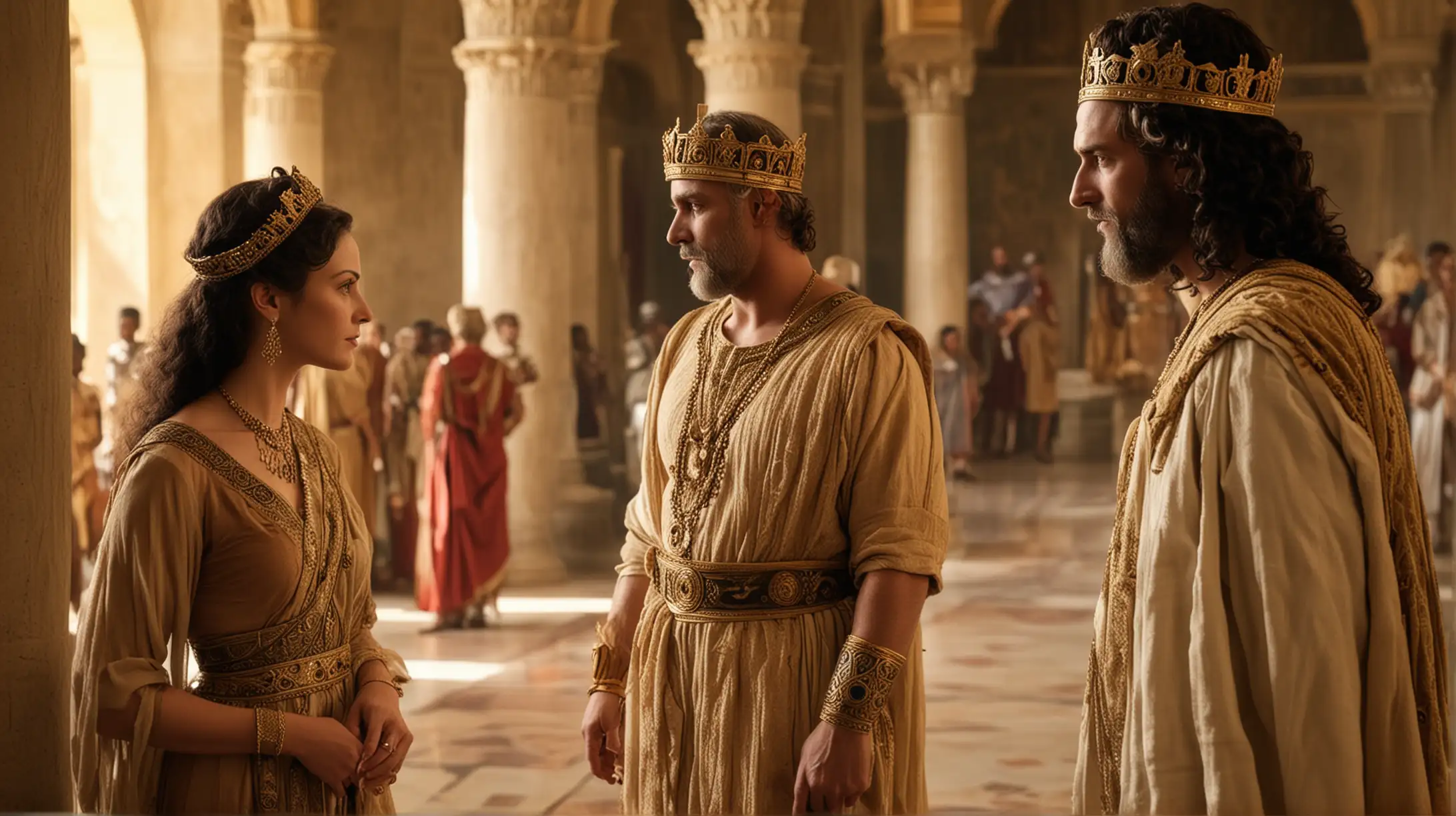 A middle aged handsome King Solomon, talking to the Queen of Sheba in a Palace setting. Set during the Biblical era of King Solomon.