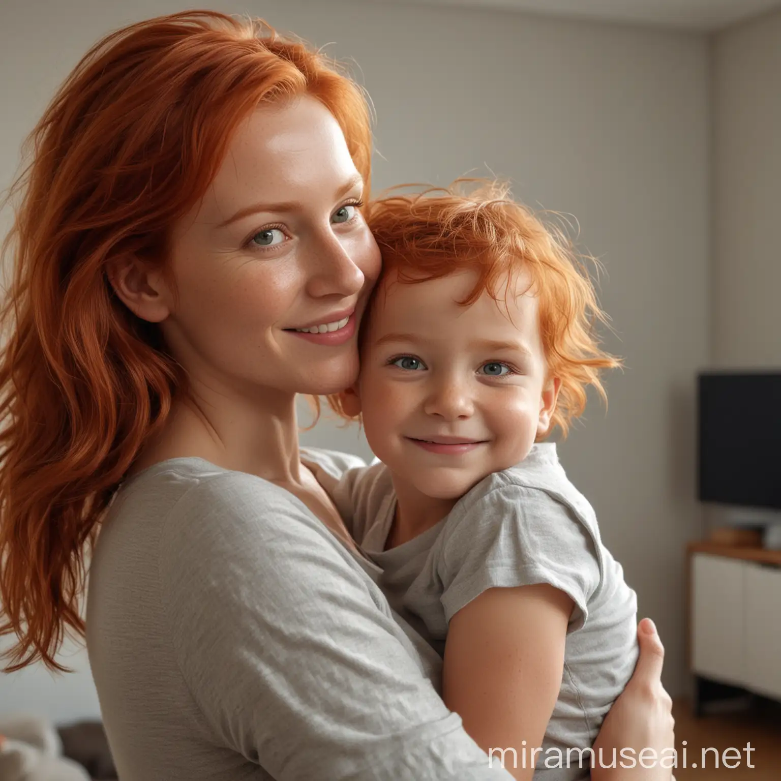 RedHaired Mother Smiling with Child in Arms in Perfectly Lit Apartment