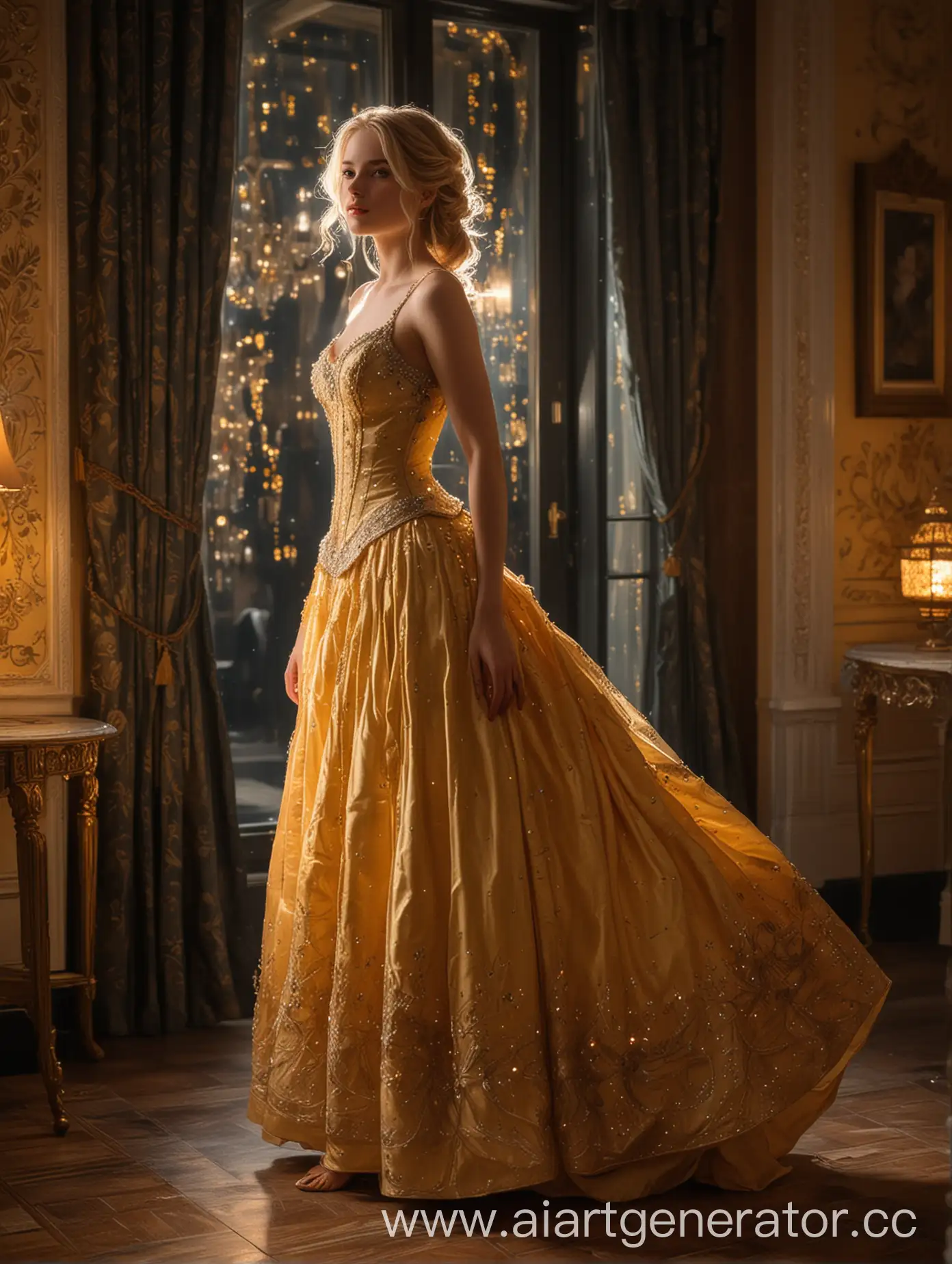 Elegant-Blonde-Lady-in-Sunbeam-Dress-at-19th-Century-Ball