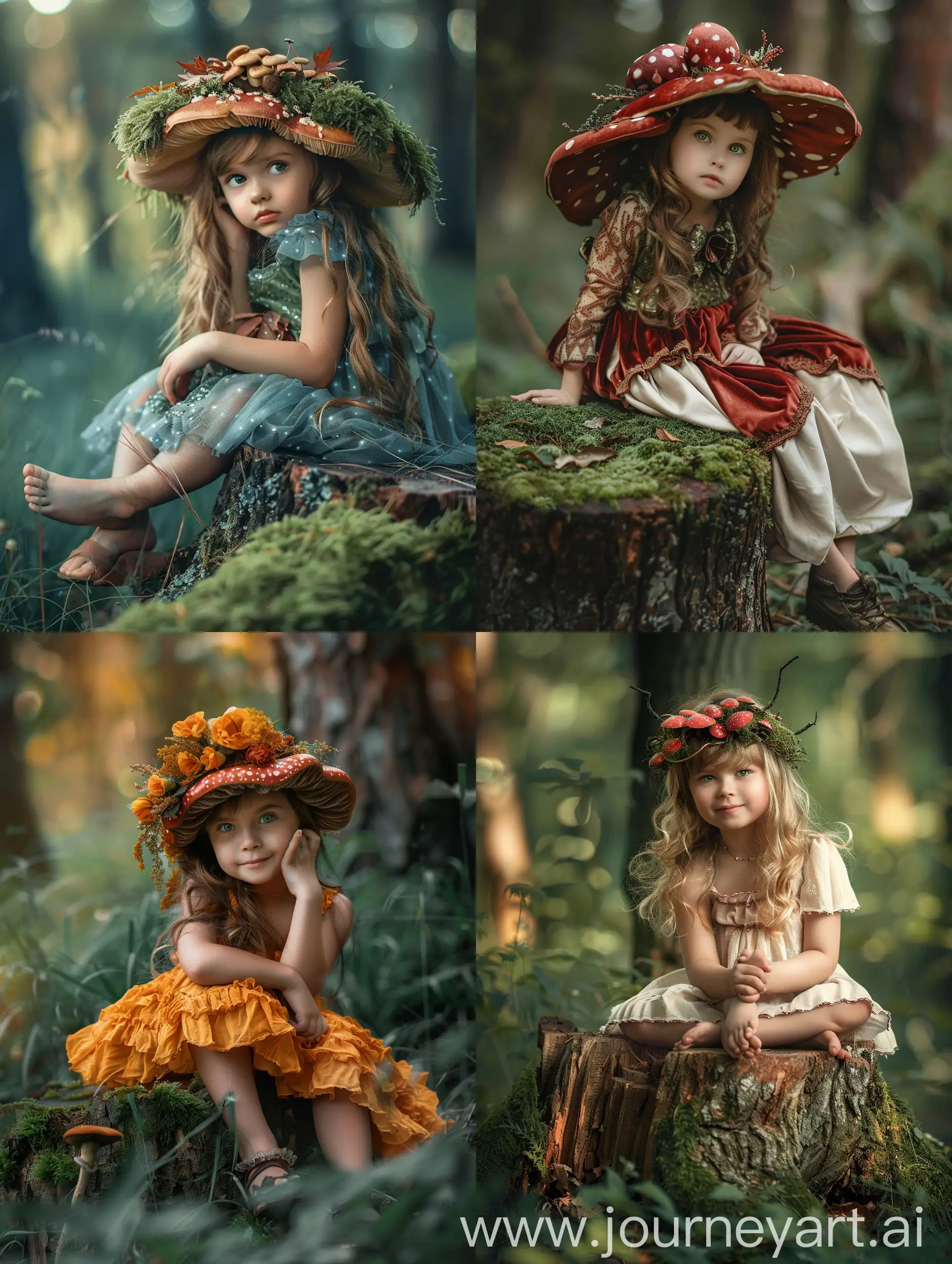 Enchanting-Forest-Fairy-Girl-with-Mushroom-Hair-on-Mossy-Tree-Stump