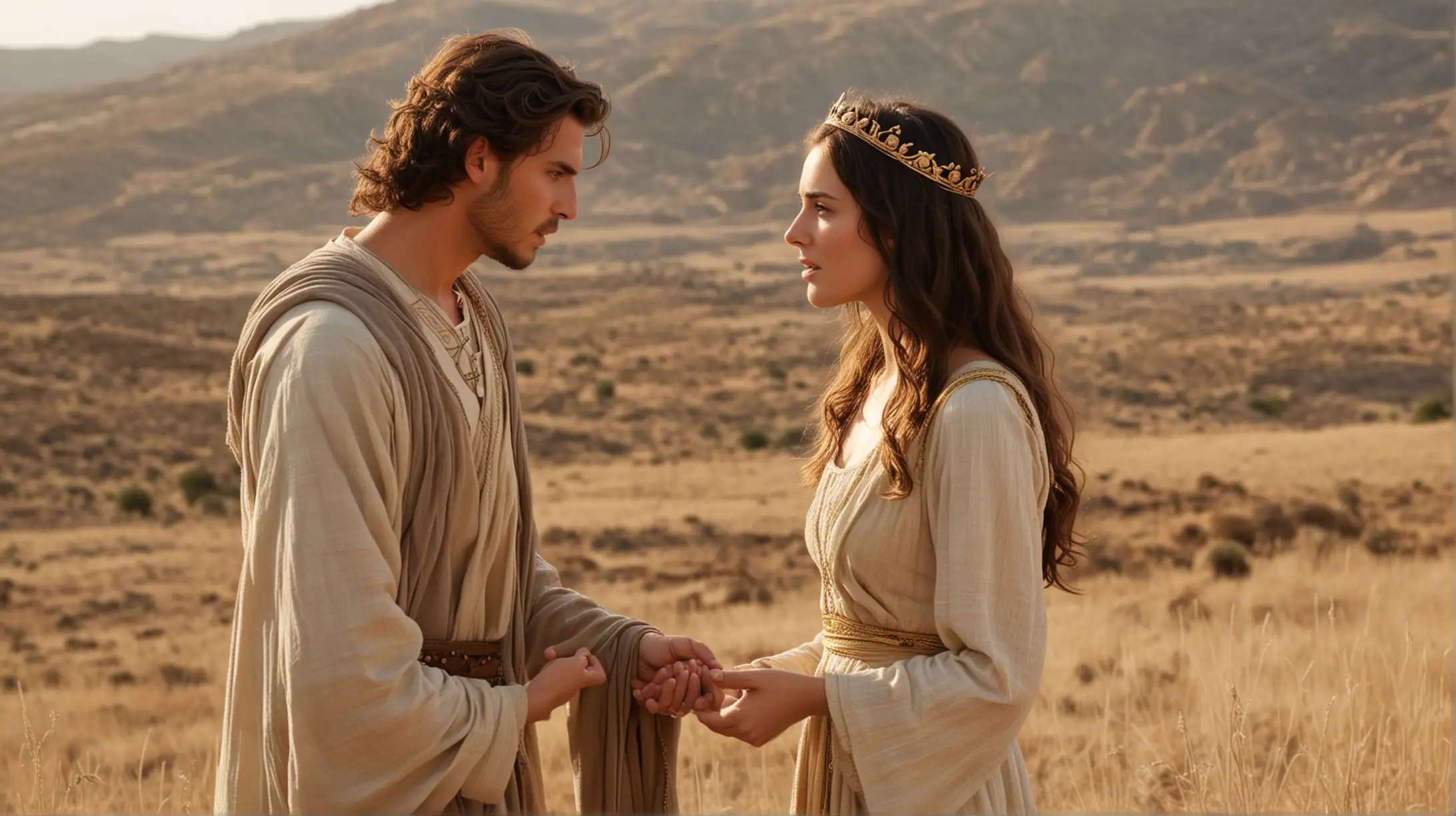 An attractive woman talking to a handsome Young King David on a hilly desert field. Set during the Biblical Era of King David