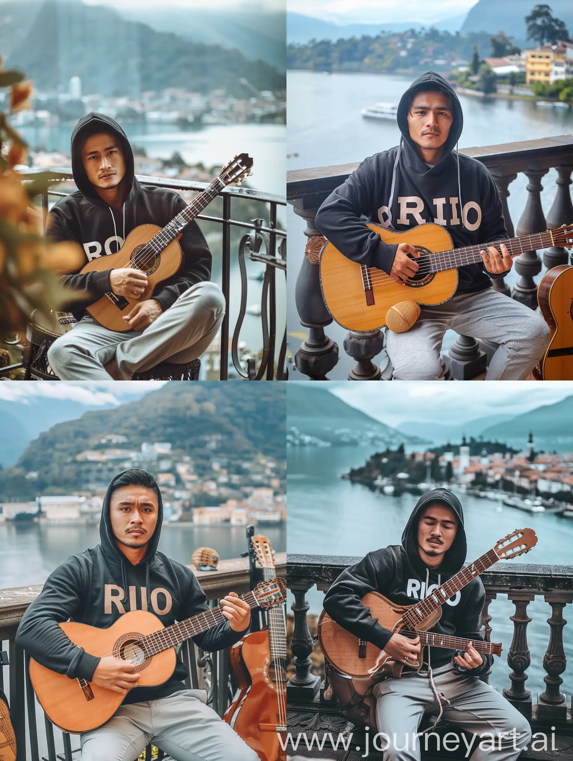 Original and original photo of a handsome 22 year old Indonesian man wearing a black hoodie that says RICO, light gray trousers, sitting on a luxurious terrace. while holding a guitar, focus on sitting neatly crossed, focus on face and body facing the camera, on the edge of the lake, each holding their own guitar. There are beautiful views of the city with 16k HD photo quality, clear and bright resolution