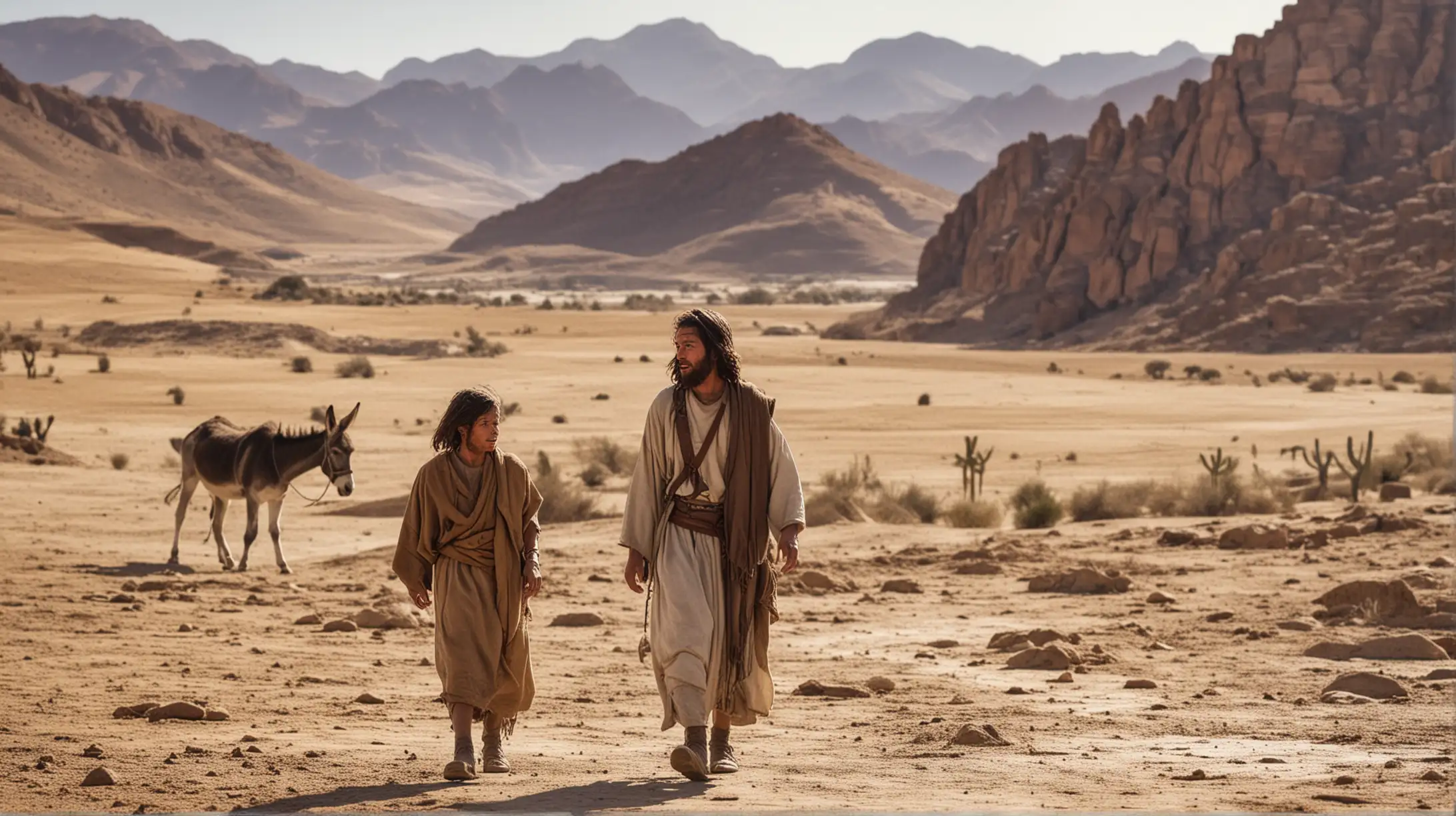Woman in Jesus Time Walking with Man Child and Donkey in Desert Landscape