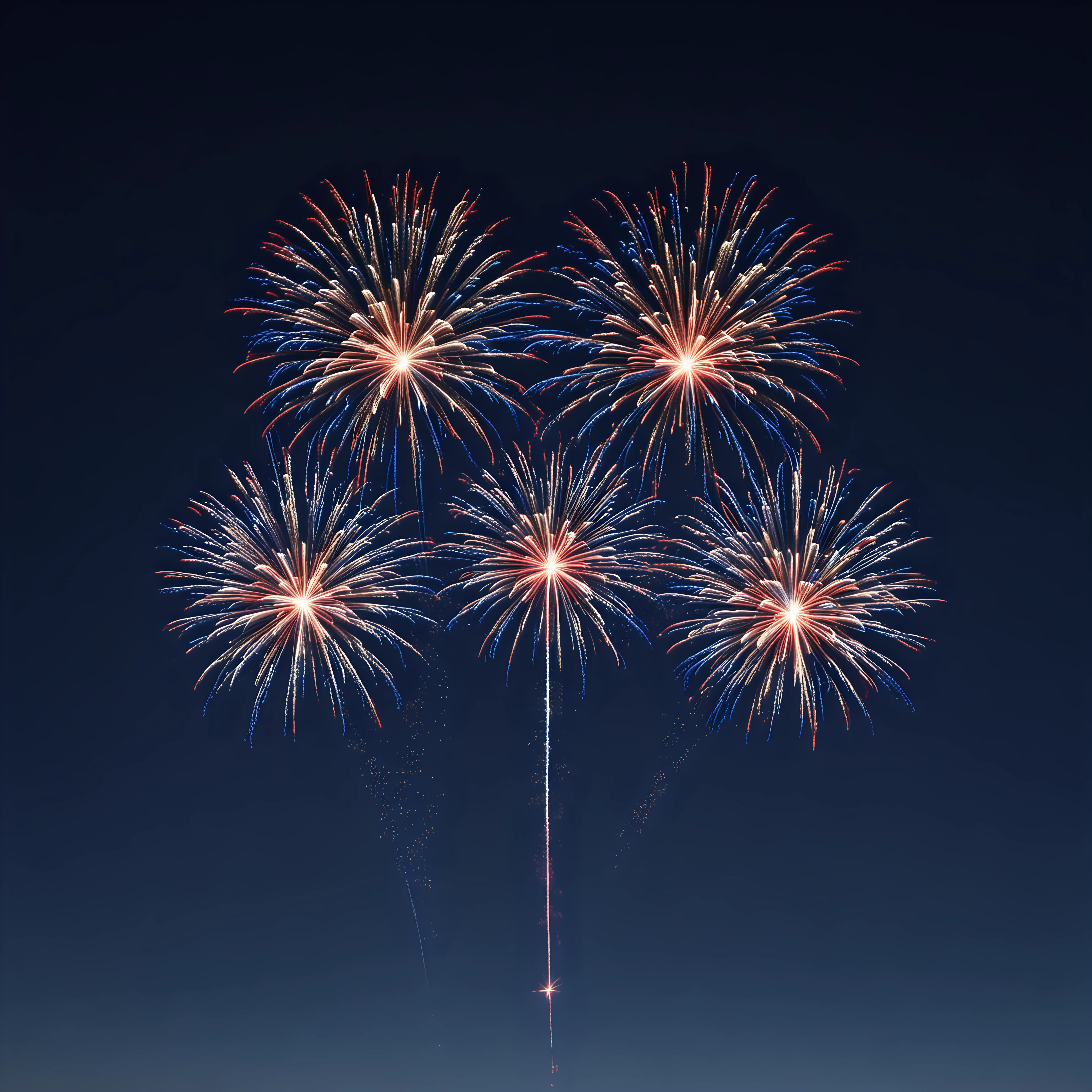three very very small glowing red white and blue firework on a natural darkish bold blue sky background with dimension to it and with no ground