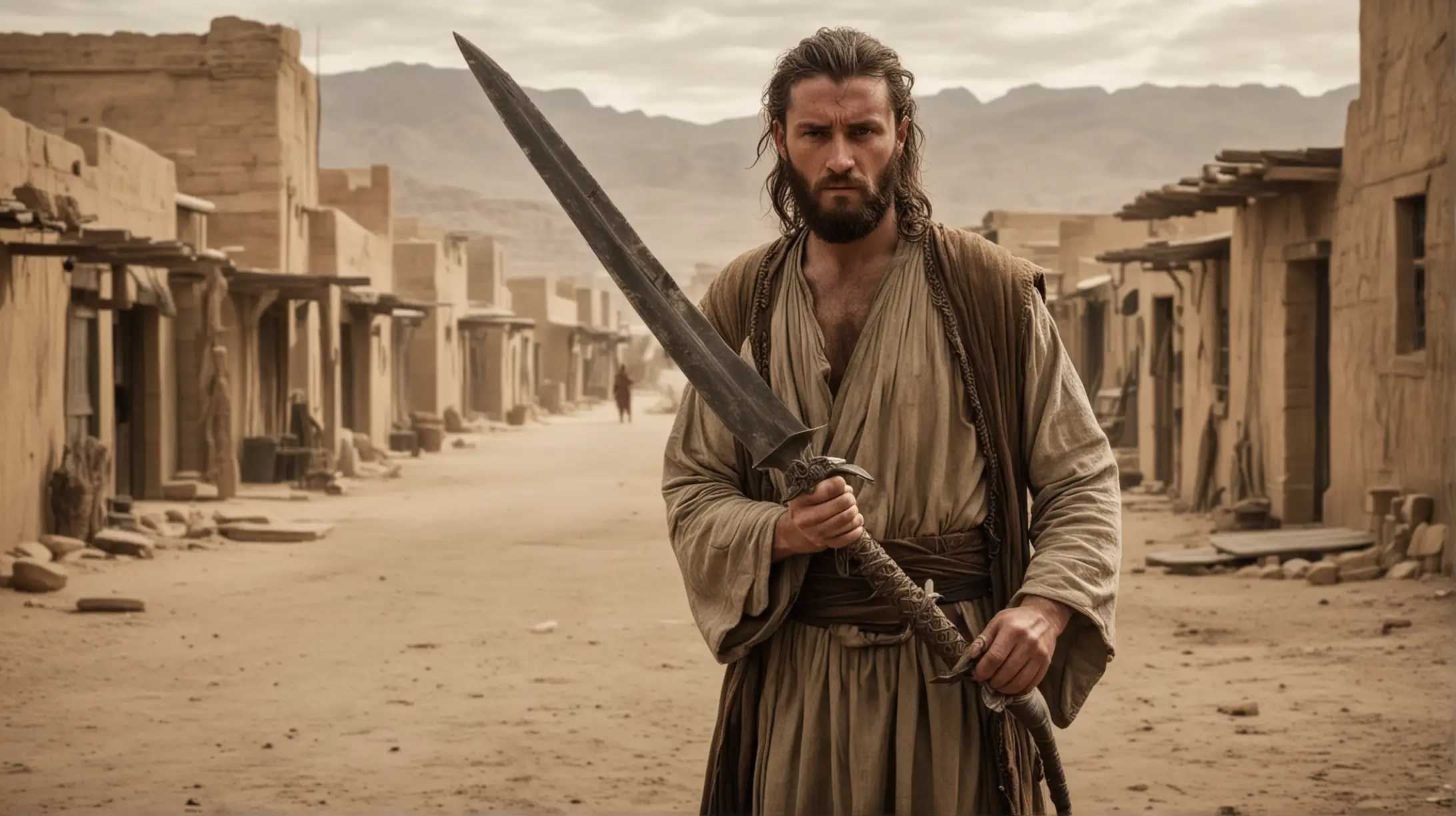 Man Holding Dagger in Biblical Moses Era Desert Town