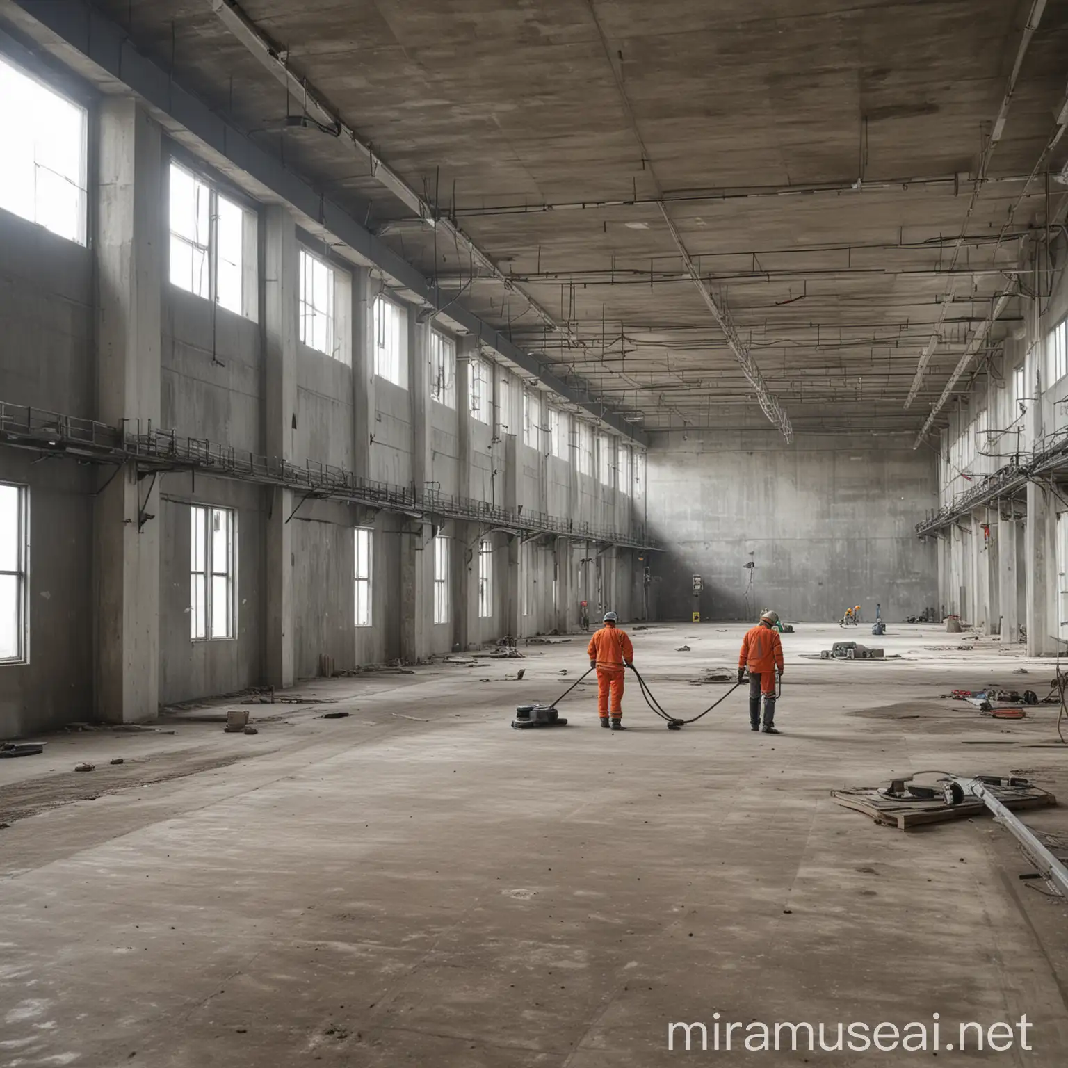 industrial construction site of 4 floors with visible worker vacuuming on each floor