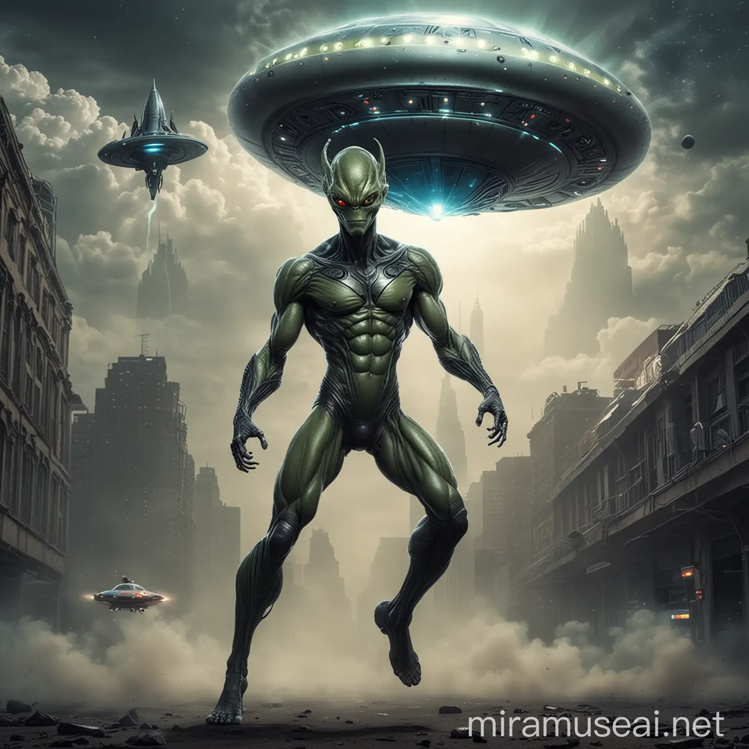 Powerful Superhero Alien Conquers Skies with UFO
