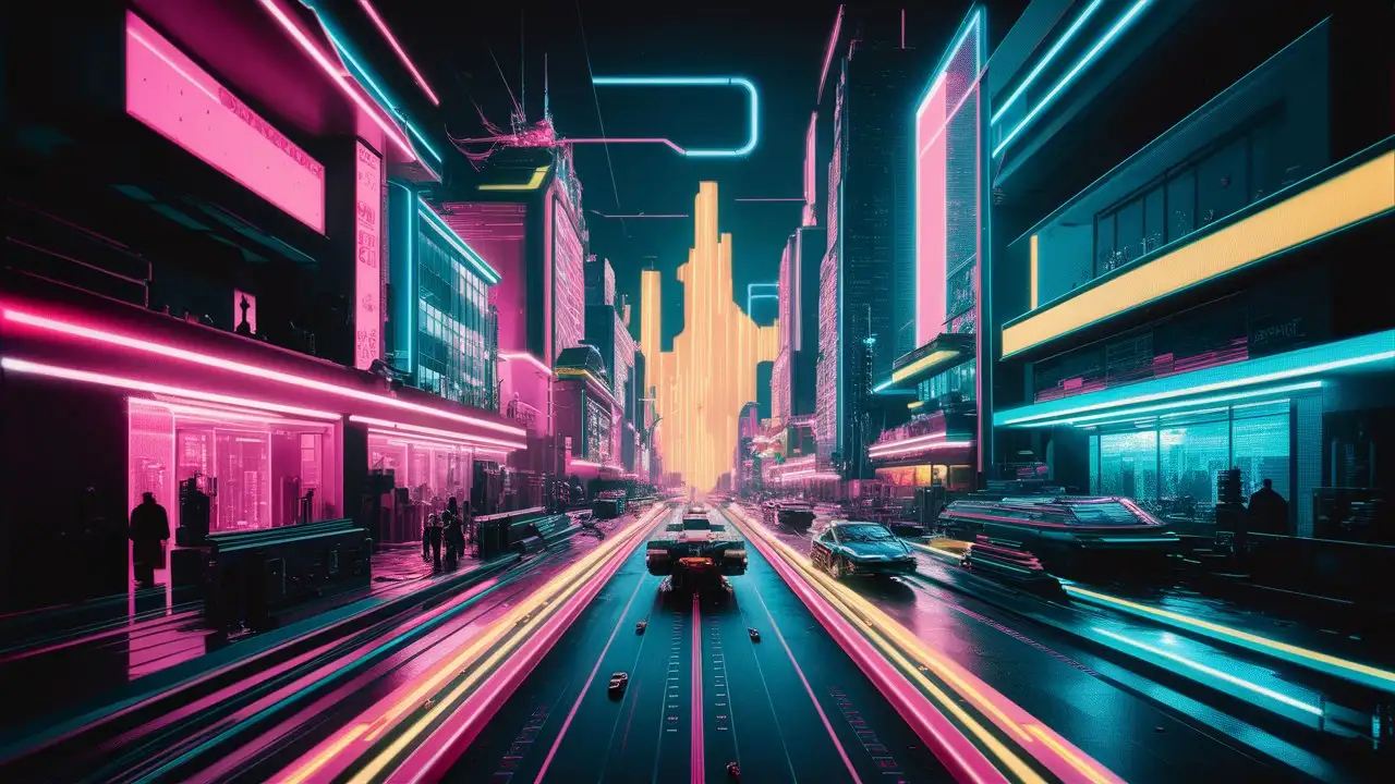 Pixel 80s Retrowave Cityscape in Retro Pink Blue and Yellow Tones