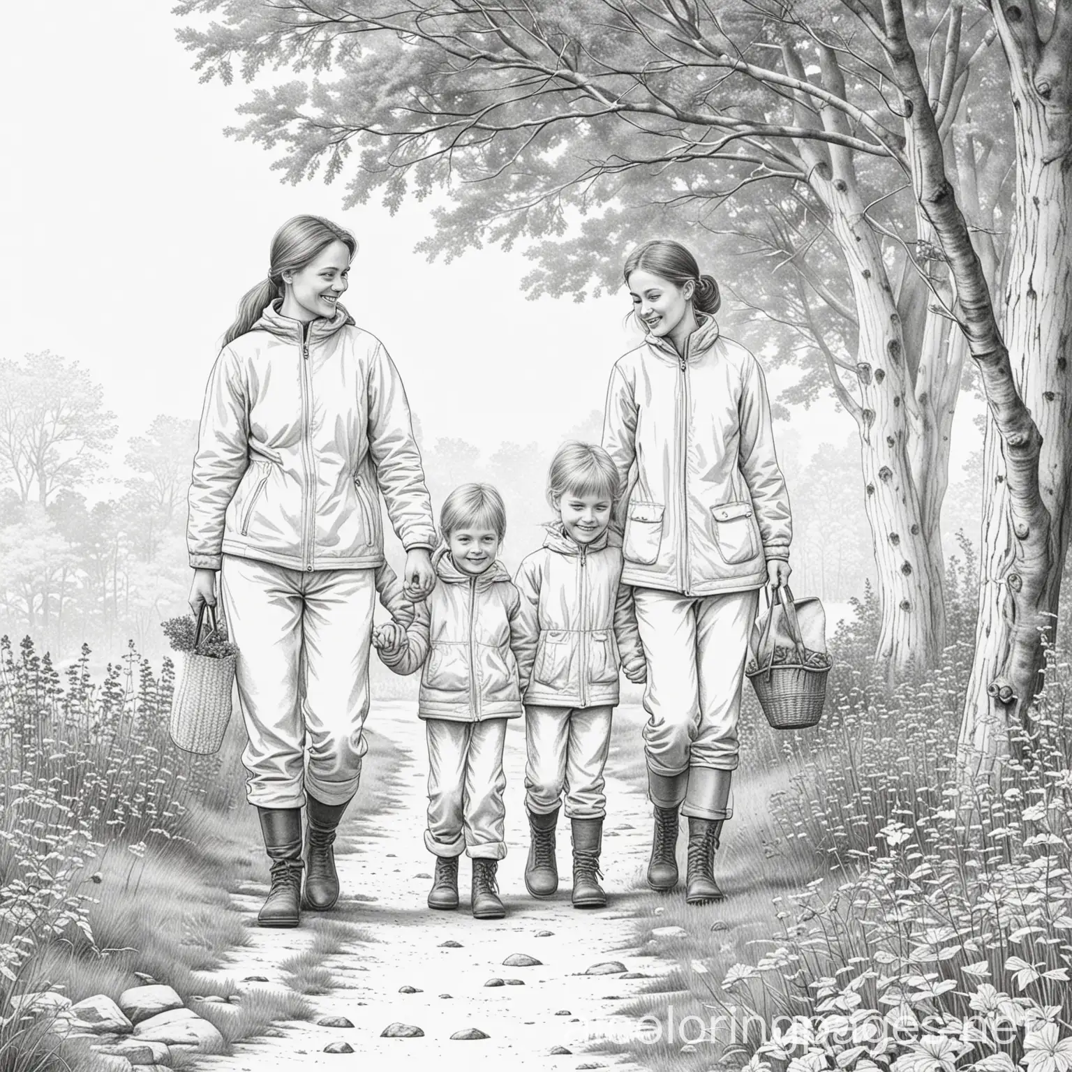 A family outdoors from Estonia Finland, Coloring Page, black and white, line art, white background, Simplicity, Ample White Space. The background of the coloring page is plain white to make it easy for young children to color within the lines. The outlines of all the subjects are easy to distinguish, making it simple for kids to color without too much difficulty