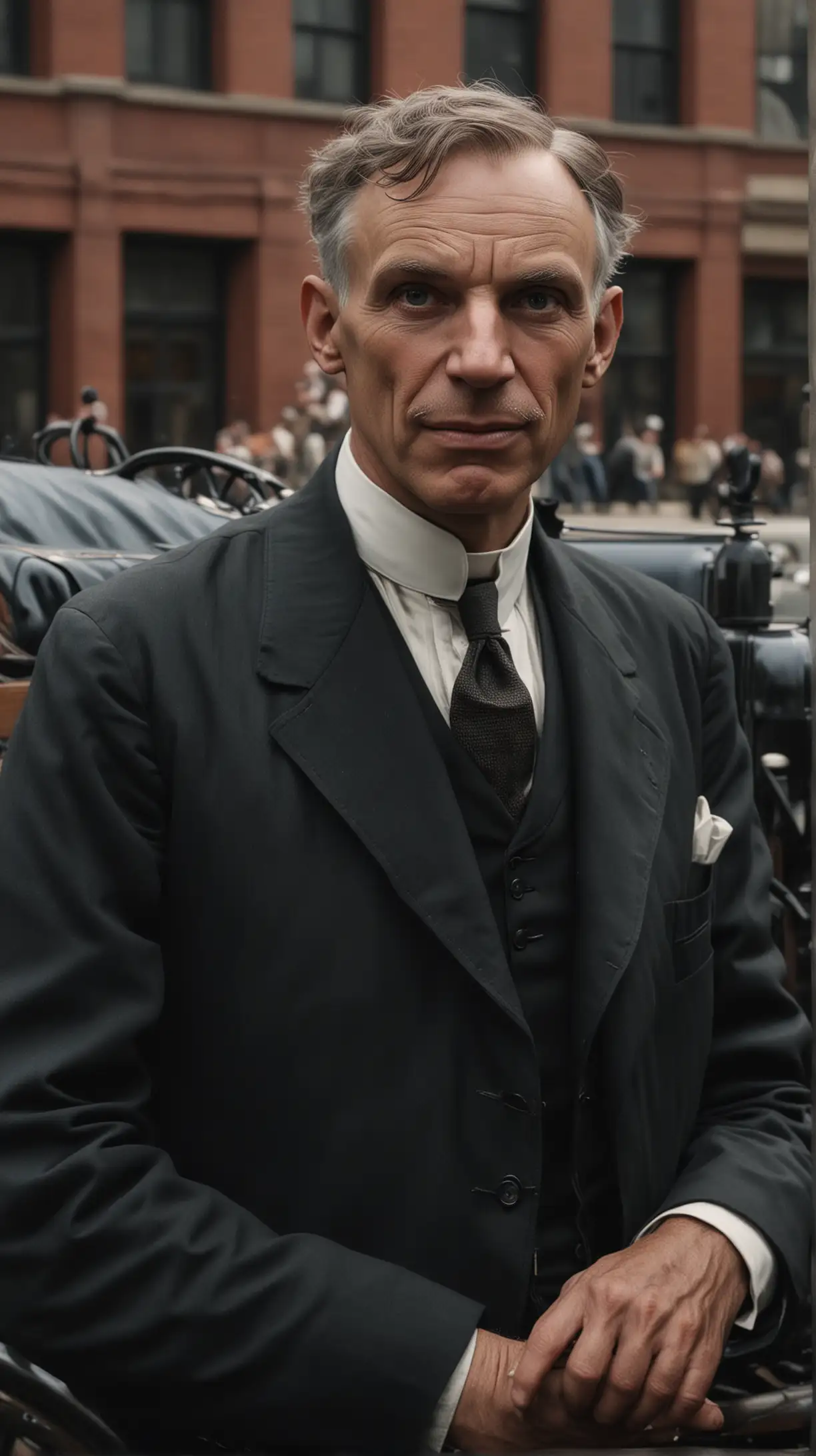 Cinematic and dramatic, realistic portrait.  
Era: 1896

Scene: Henry Ford, In 1896, the founder of Ford Motor Company built his first car and took it for a spin on the streets of Detroit.