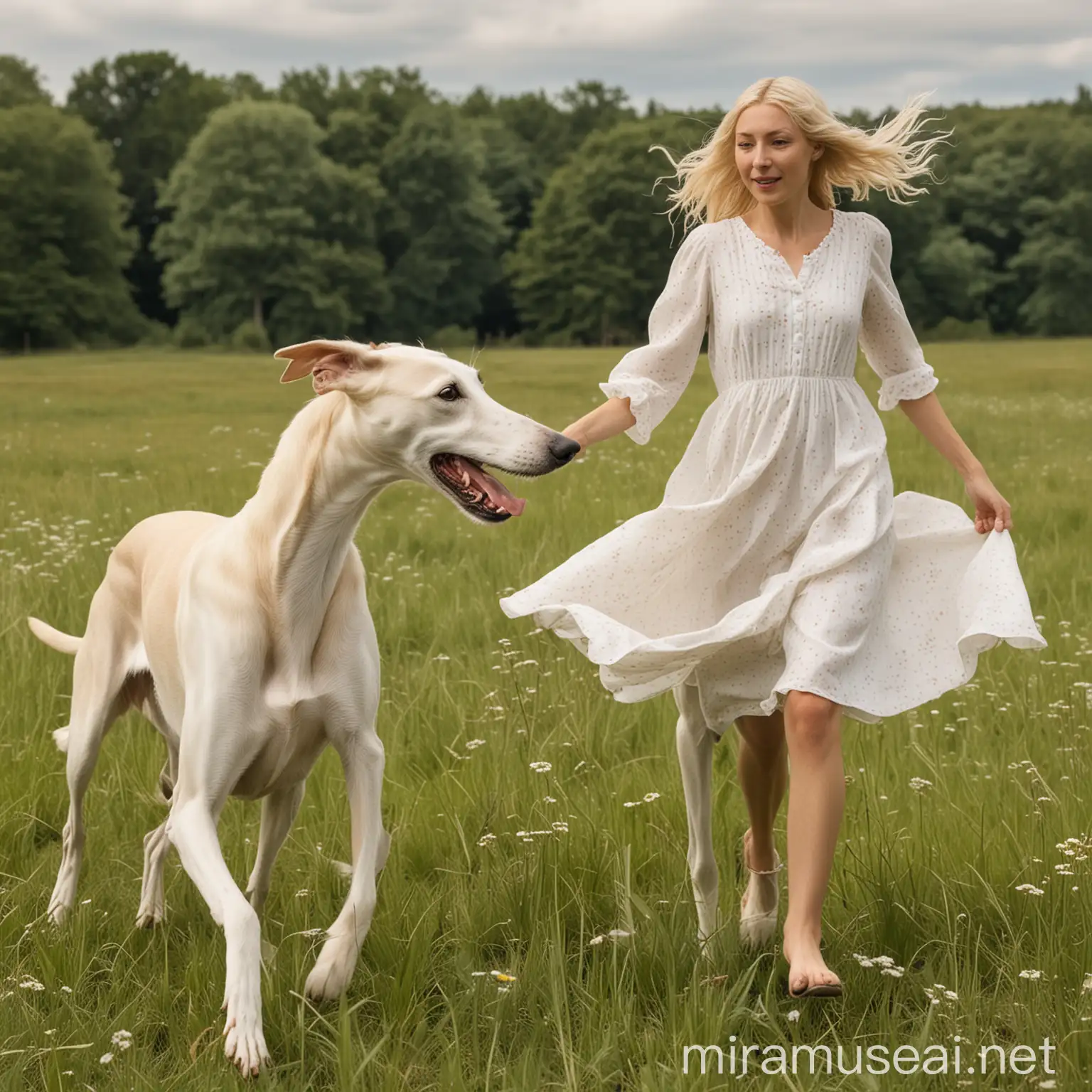 Weißer Windhund lauft mit Frau über eine Wiese, beide von hinten sichbar, Frau hat kinnlange blonde Haare, sie trägt ein weißes Sommerkleid