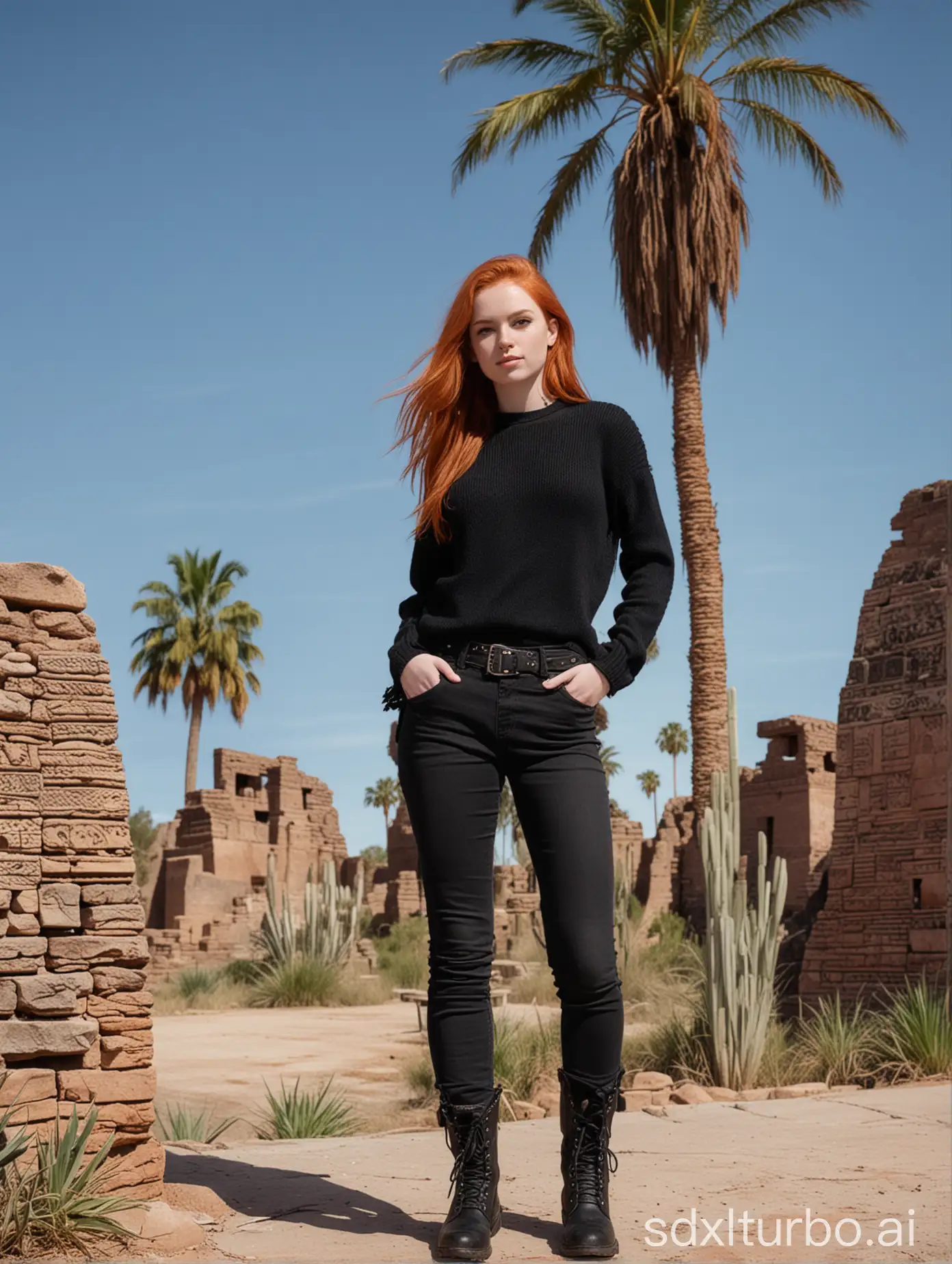 Nice redheaded girl in black jeans and black sweater, wearing combat boots, set against Aztec ruins with palm trees and a very blue sky