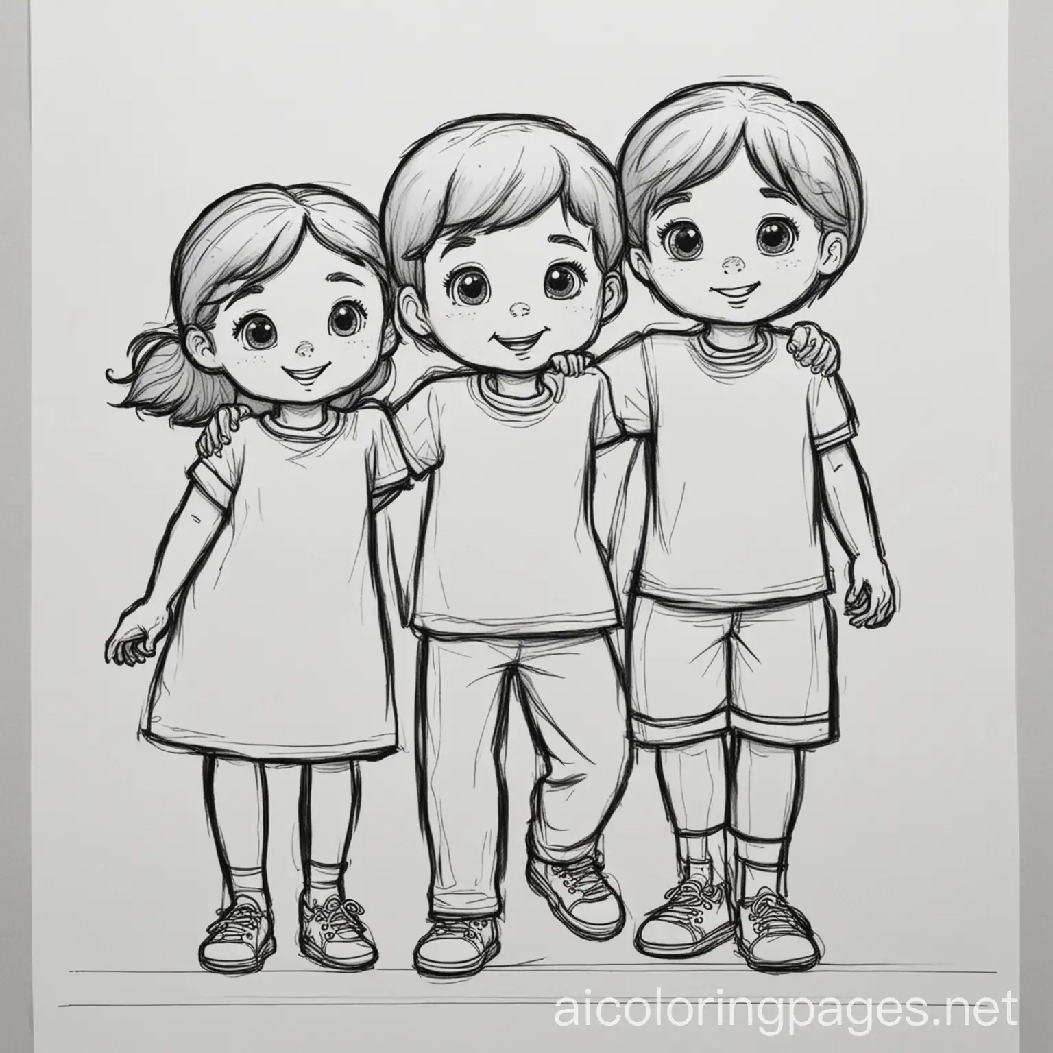 Big sister and 2 brothers playing, Coloring Page, black and white, line art, white background, Simplicity, Ample White Space. The background of the coloring page is plain white to make it easy for young children to color within the lines. The outlines of all the subjects are easy to distinguish, making it simple for kids to color without too much difficulty
