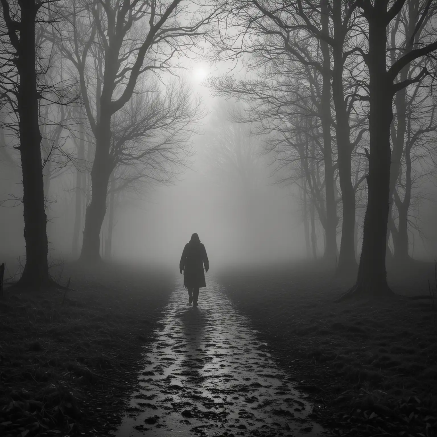 Eerie Paranormal Scene with Shadowy Figure Emerging from the Mist