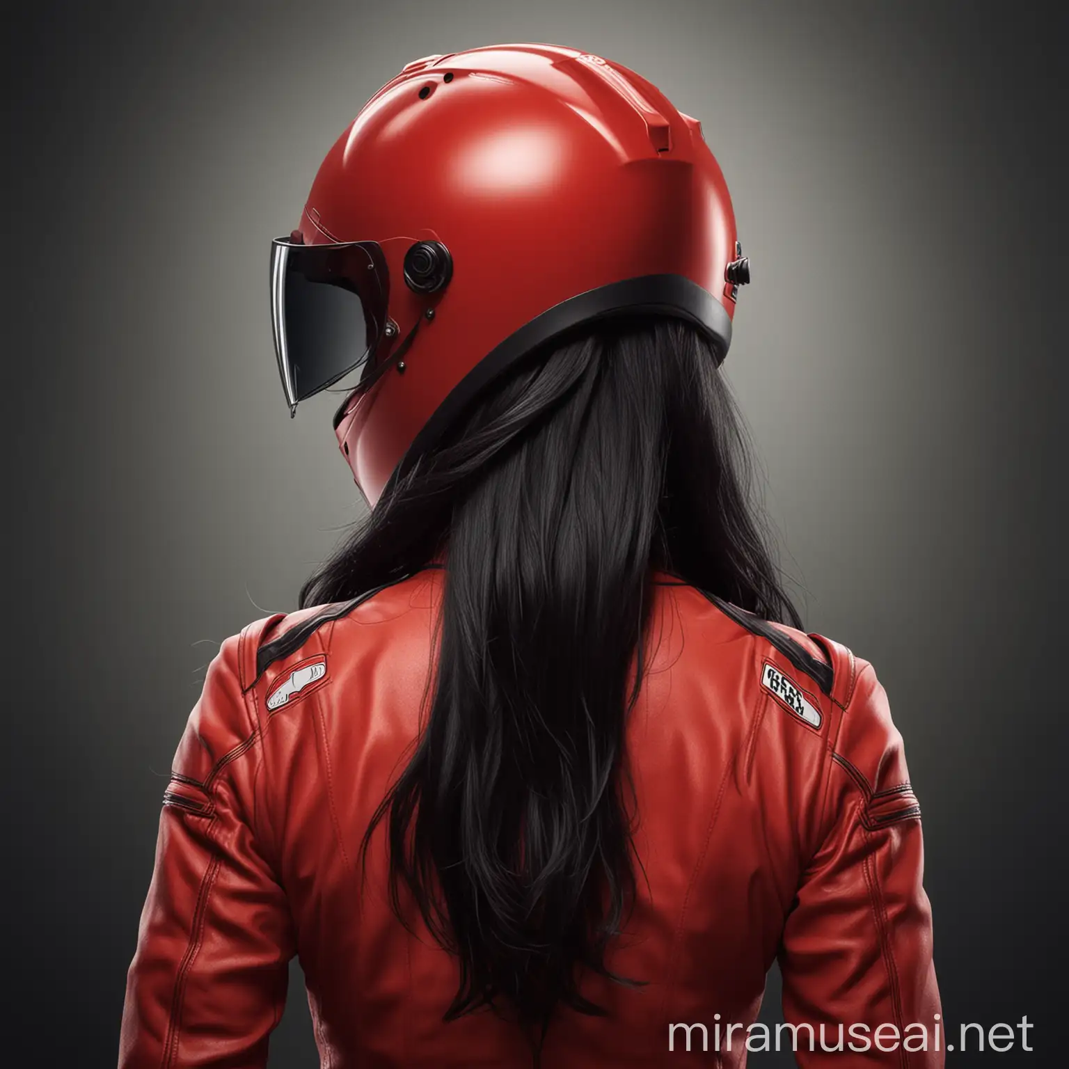 Woman in Red Race Suit and Helmet with Long Black Hair