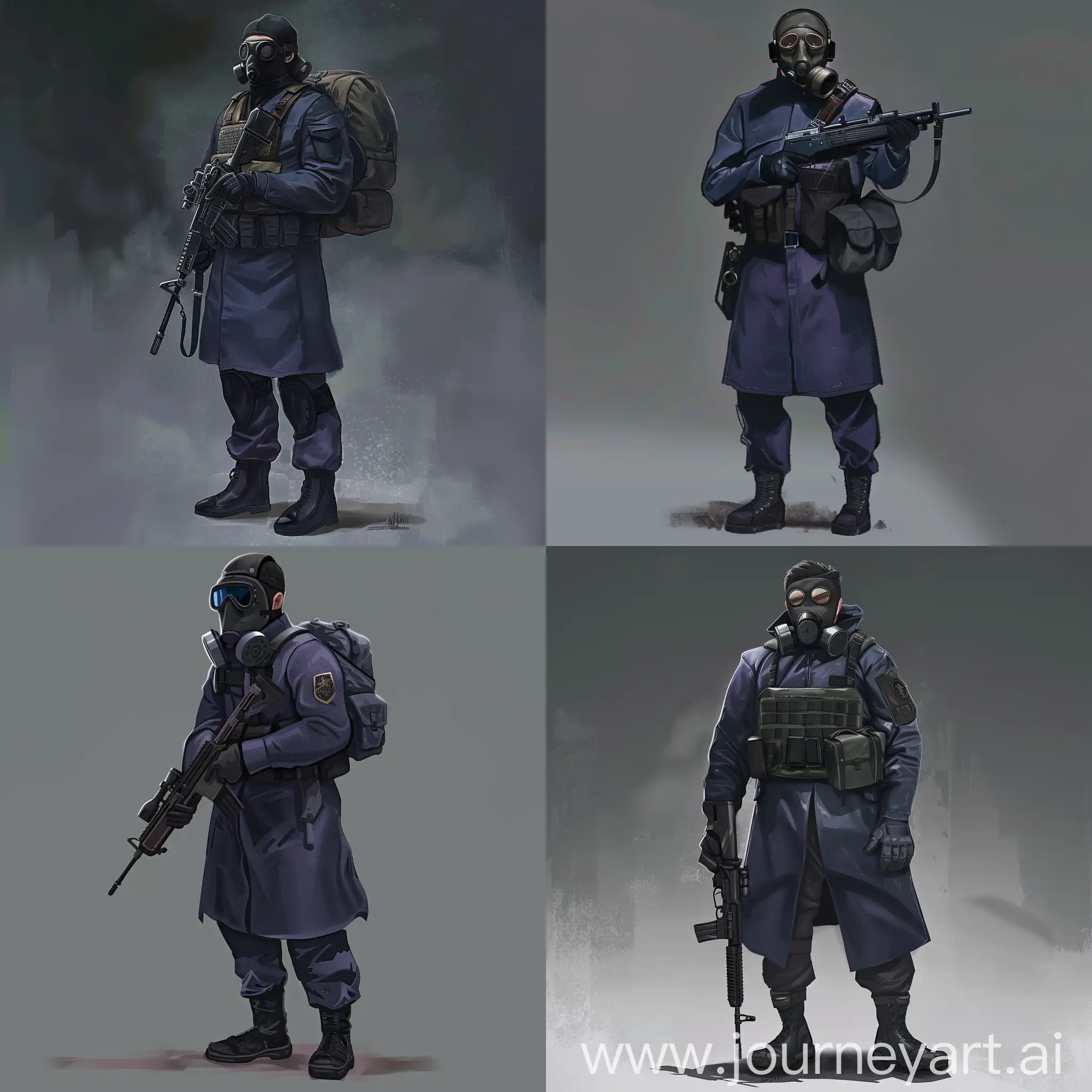 Character design concept art, Mercenary, STALKER game, dark purple military raincoat, gas mask on his face, small military backpack, military unloading on his body, sniper rifle in his hands.
