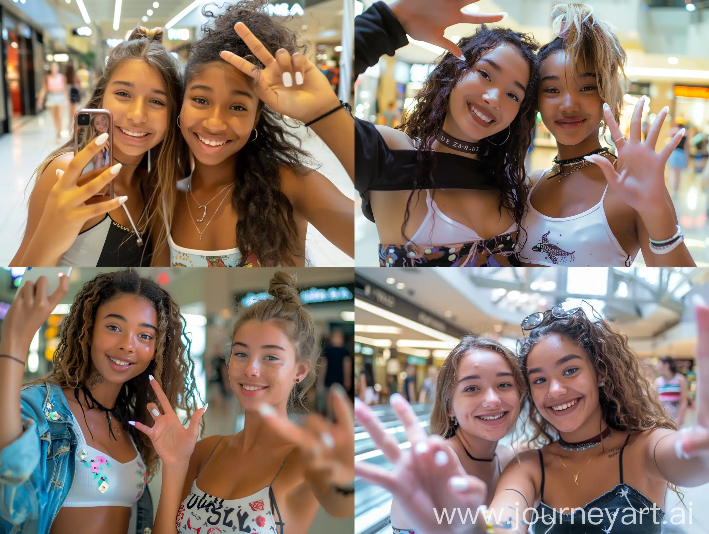Two 18 year old girls, one with crop top long sleeve, other with summer tank top, at mall, taking selfie, happy, cute trendy clothes, realistic lighting, close photo shot, different ethnicities, hands up, white gel nail polish