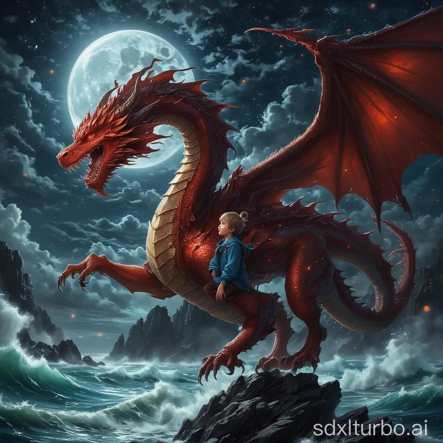 A 6-year-old boy flies through the night on an impressive dragon over the sea. n **Dragon:** - Body: Glowing red. - Back: Covered in sharp spines. - Head: Two large, majestic horns. - Wings: Large, transparent and shimmering in various shades of blue. n **Boy:** - Hair: Blond. - Face: Joyful, adventurous expression. - Clothing: Blue sweater, red jacket. - Posture: Sits securely on the back of the dragon and holds onto a horn or some kind of reins. n **Background:** - Sky: Dark with twinkling stars. - Moon: Large and bright, gently illuminating the scene. - Sea: Wide and dark blue, glittering in the moonlight. n **Colors and mood:** - Contrasting colors: Warm red tones for the dragon, cool blue tones for the sky and the sea. - Dynamic and exciting atmosphere: Movement in the wings of the dragon and the waves of the sea. - The boy's expression: Adventurous spirit and joy. n **Composition:** - The dragon flies majestically through the middle of the picture, slightly tilted forward. - The boy sits upright on the back of the dragon with a big smile. - The moon in the background is large enough to illuminate the scene but not so large that it distracts from the dragon and the boy.