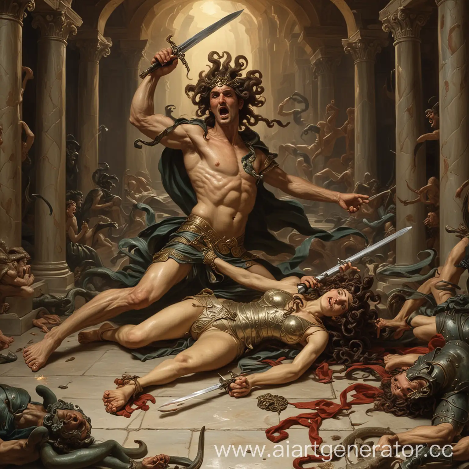 The Gorgon Medusa kills Perseus. He swings his sword at him, he lies on the floor in a silent scream.
