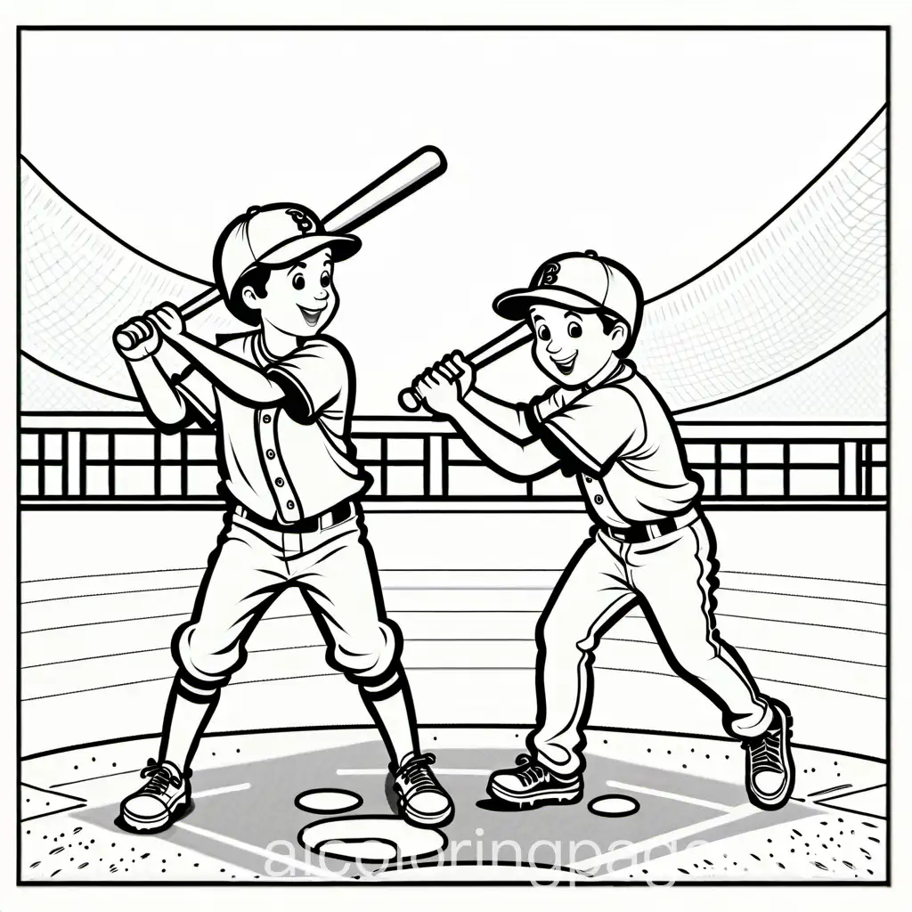 boys playing baseball, Coloring Page, black and white, line art, white background, Simplicity, Ample White Space. The background of the coloring page is plain white to make it easy for young children to color within the lines. The outlines of all the subjects are easy to distinguish, making it simple for kids to color without too much difficulty