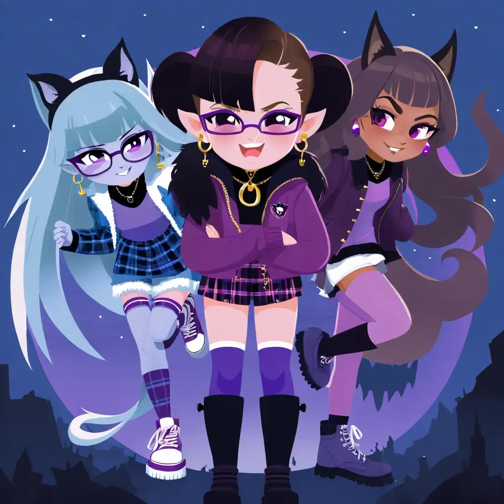 Three best friends. Frankie Stein is on the left and she is wearing a plaid skirt and a letterman's jacket, black combat boots.She has blue skin and is the daughter of Frankenstein. Draculara is in the middle and is wearing a purple and pink dress with knee high purple socks and black shoes. She is wearing a bat choker necklace. She is the daughter of Dracula. Clawdean is wearing a purple shorts jumper with a gold chain belt and gold glasses. She has a few earrings in her wolf ears. She is  the daughter of a werewolf.