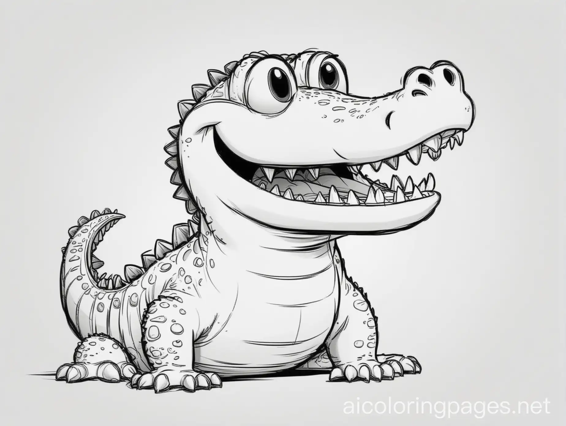 cartoon happy alligator, Coloring Page, black and white, line art, white background, Simplicity, Ample White Space