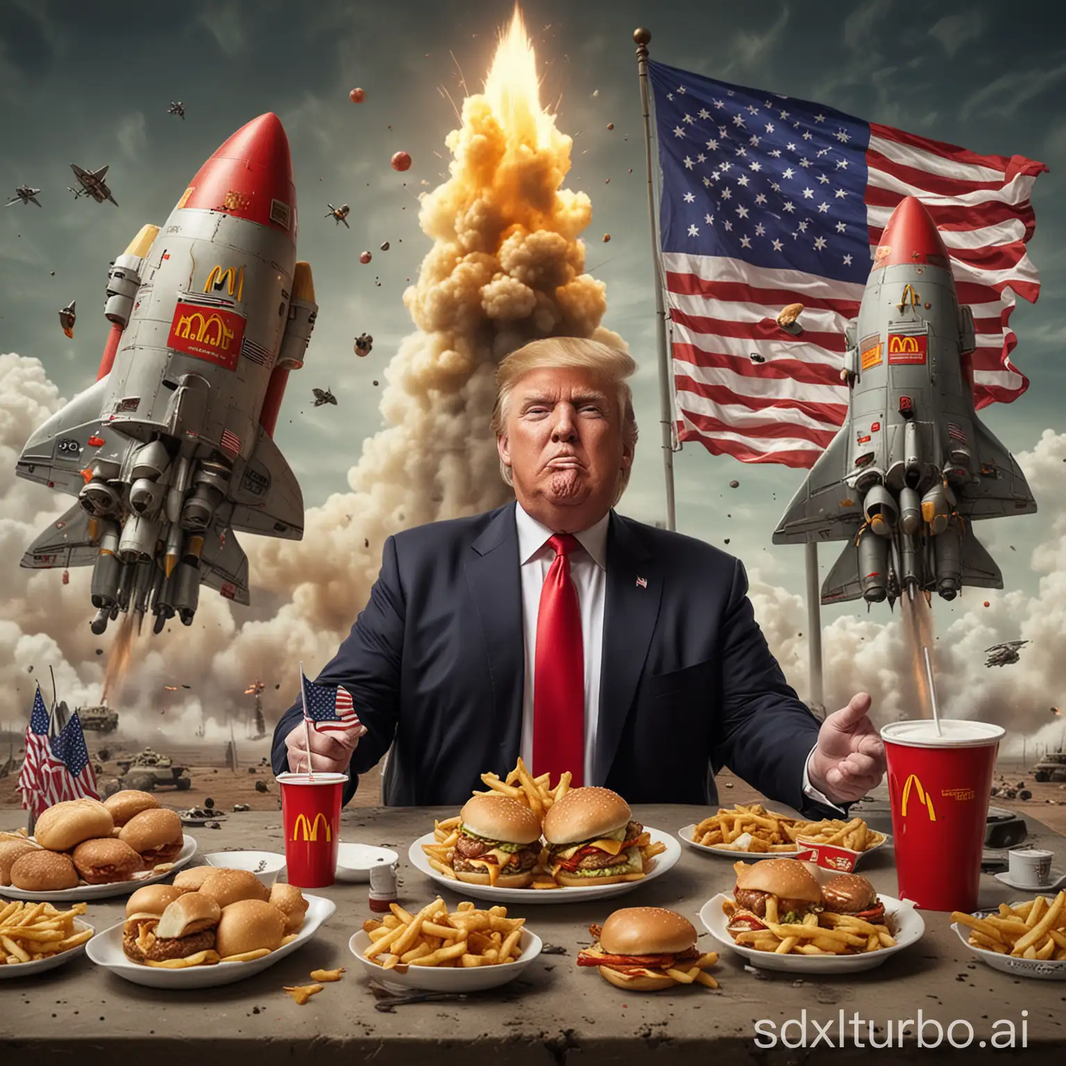 realistic image of donald trump, fat, eating mcdonalds, with large realistic rockets and nuclear warheads launching behind them, flying overhead, with the American flag as the backdrop