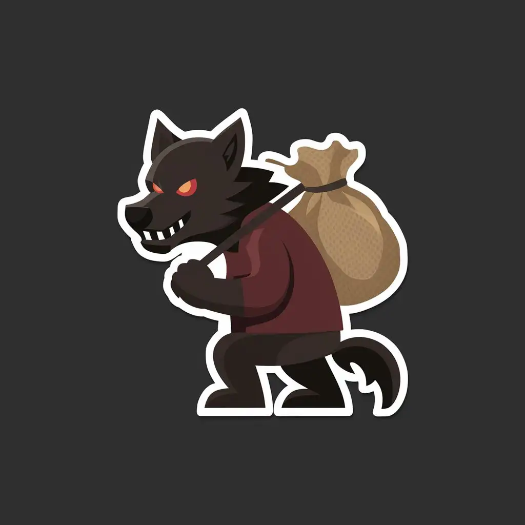 simple flat icon of dark brown halloween werewolf with red eyes and maroon shirt carrying a sack on plain dark background, carrying burlap sack