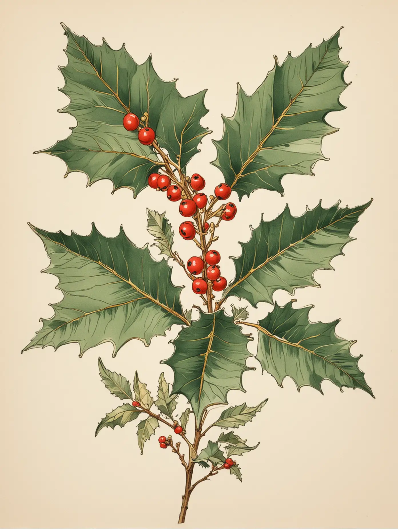 Simple line drawing of a holly flower and leaves, colored in, in the style of audubon