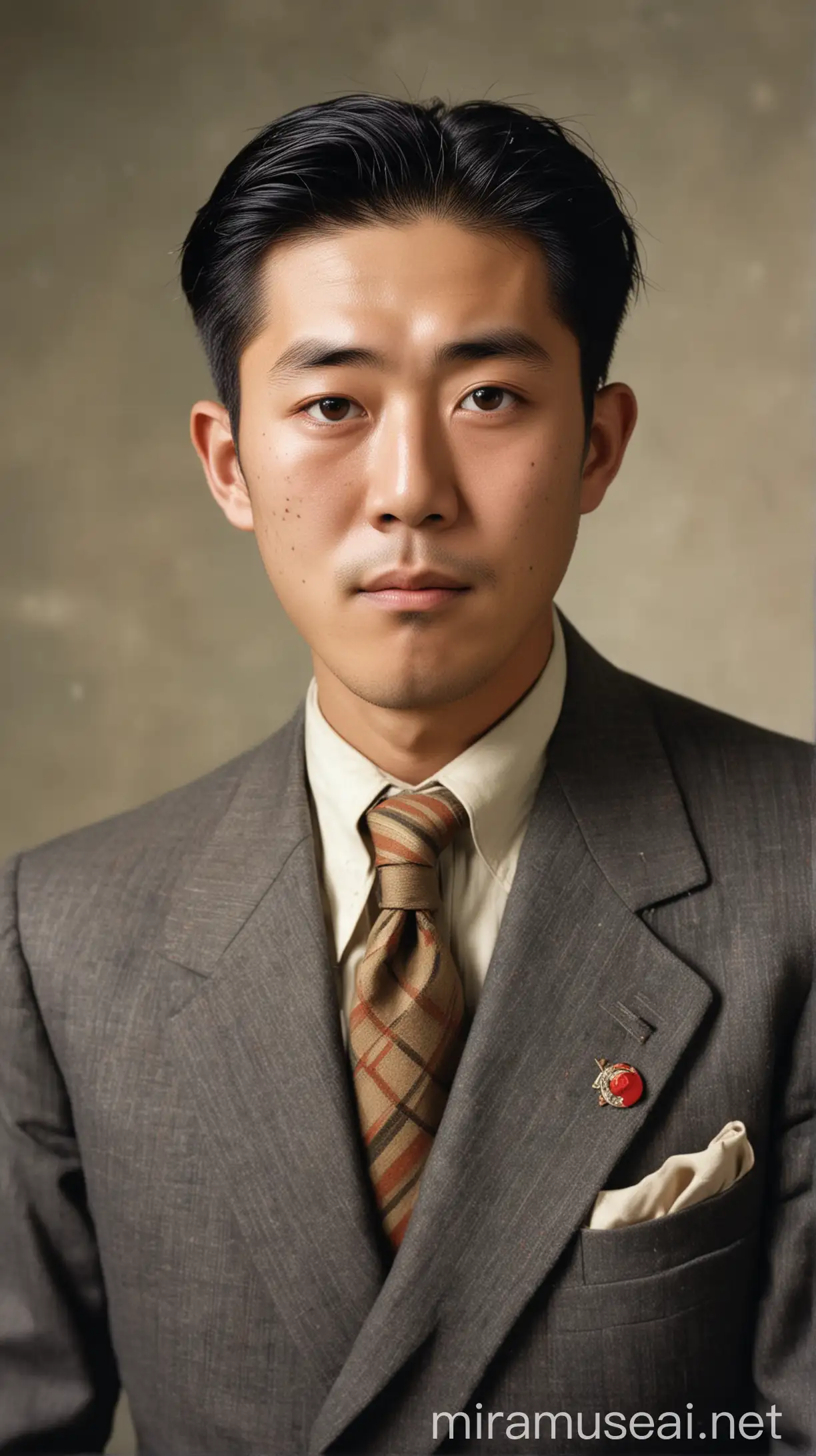 Full color image. A Japanese engineer Tsutomu Yamaguchi In the year 1945. He has serious expression on his face. He is in his 25. He is wearing tailored suit