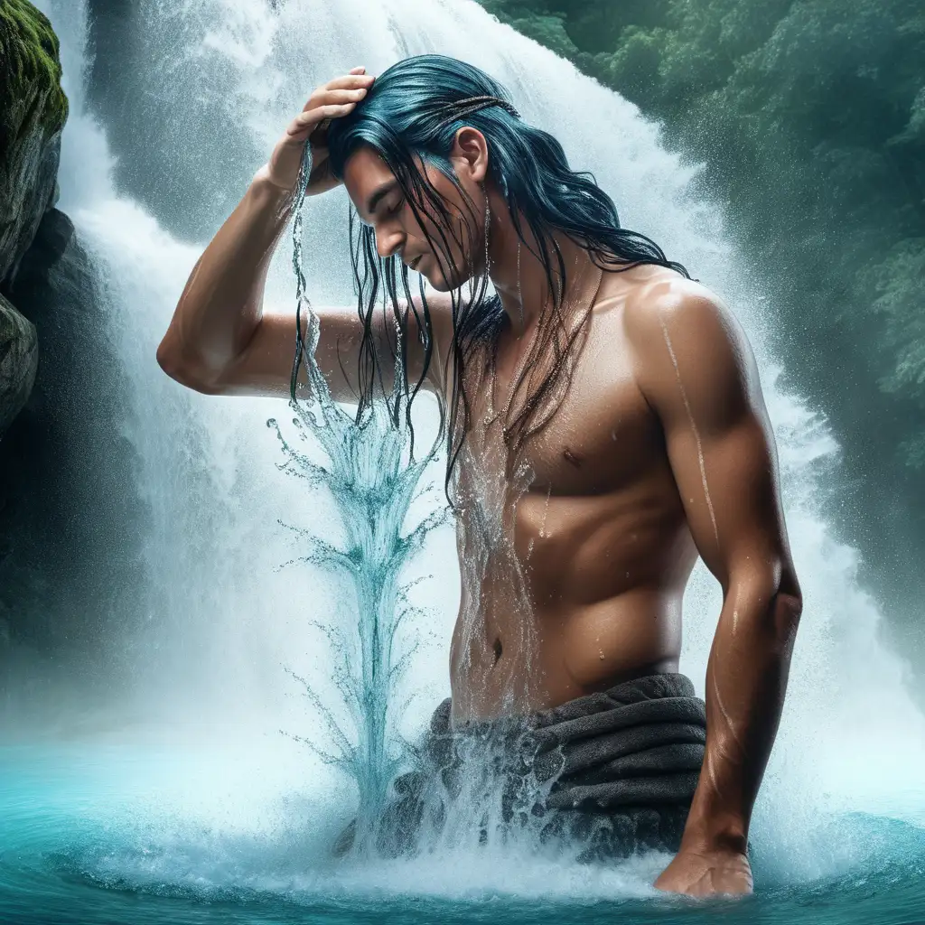 fantasy and mystical image , create a male who is under a water fall he is brushing the water out of his hair with his hands 



