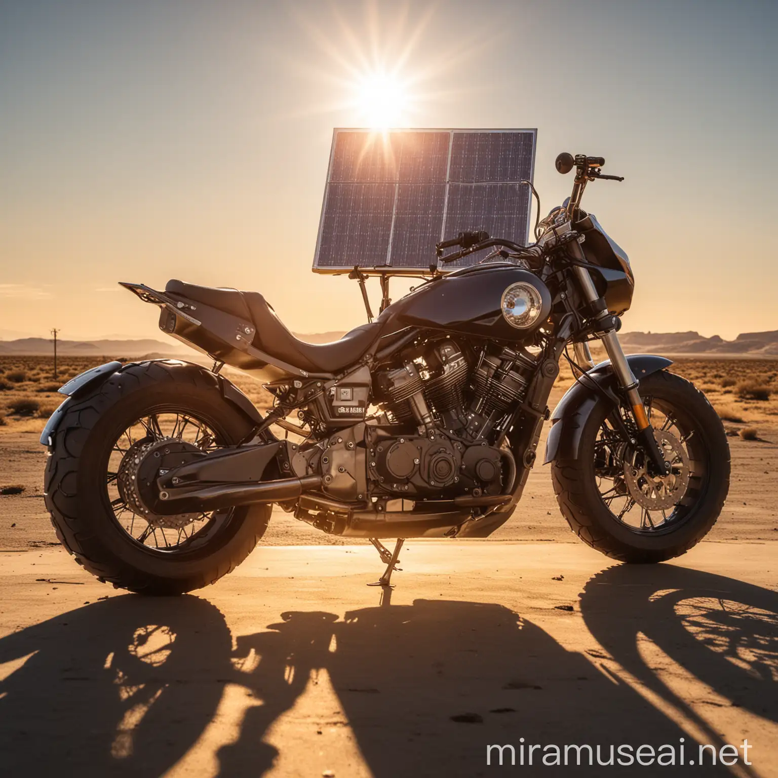 large motorcycle with solar panel and large sun behind