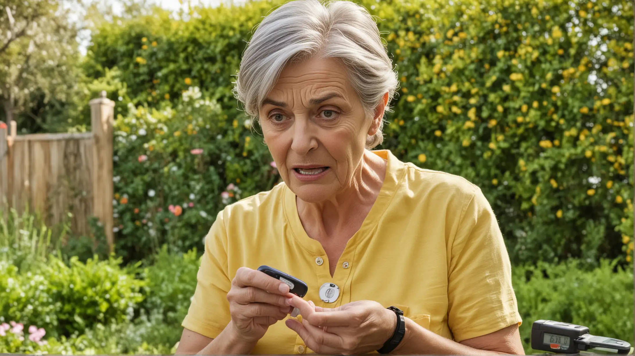 a good looking older woman scared looking at a blood glucose meter with yellow shirt with a garden in the background

