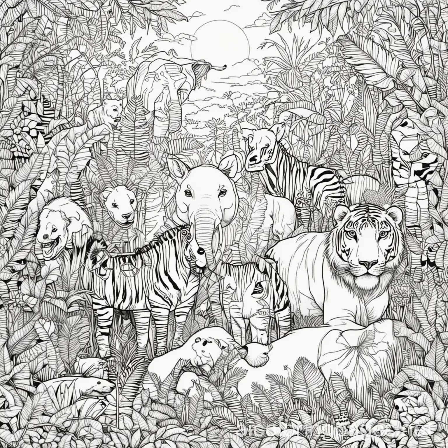 jungle animals coloring book cover page, Coloring Page, black and white, line art, white background, Simplicity, Ample White Space. The background of the coloring page is plain white to make it easy for young children to color within the lines. The outlines of all the subjects are easy to distinguish, making it simple for kids to color without too much difficulty