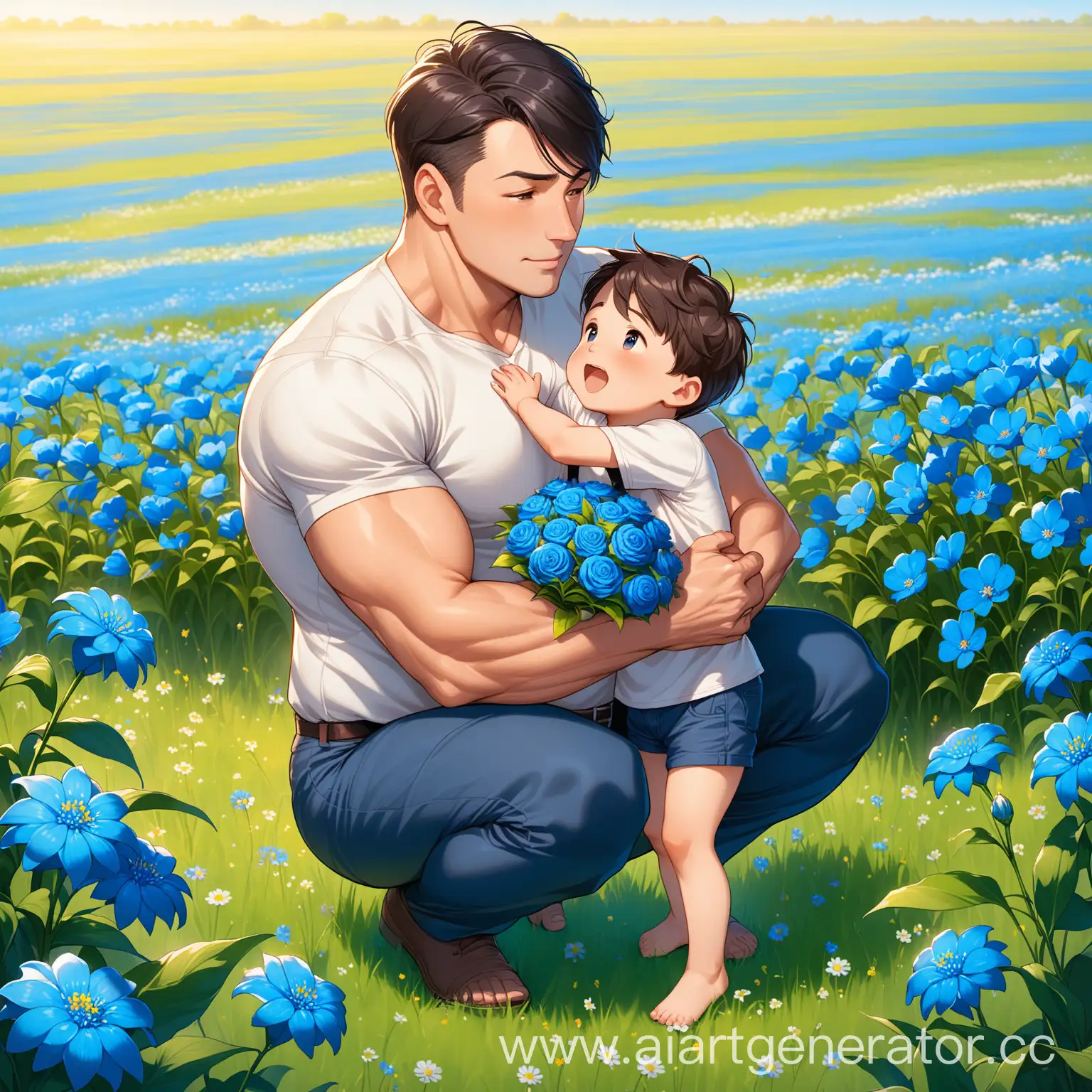 Dad has a fit body, black hair. Son is brown-haired. Dad has a massive chin. Dad has short hair. The son gives his dad a bouquet of blue flowers in a field. The father is squatting and wants to hug his son.  The son looks at his father.