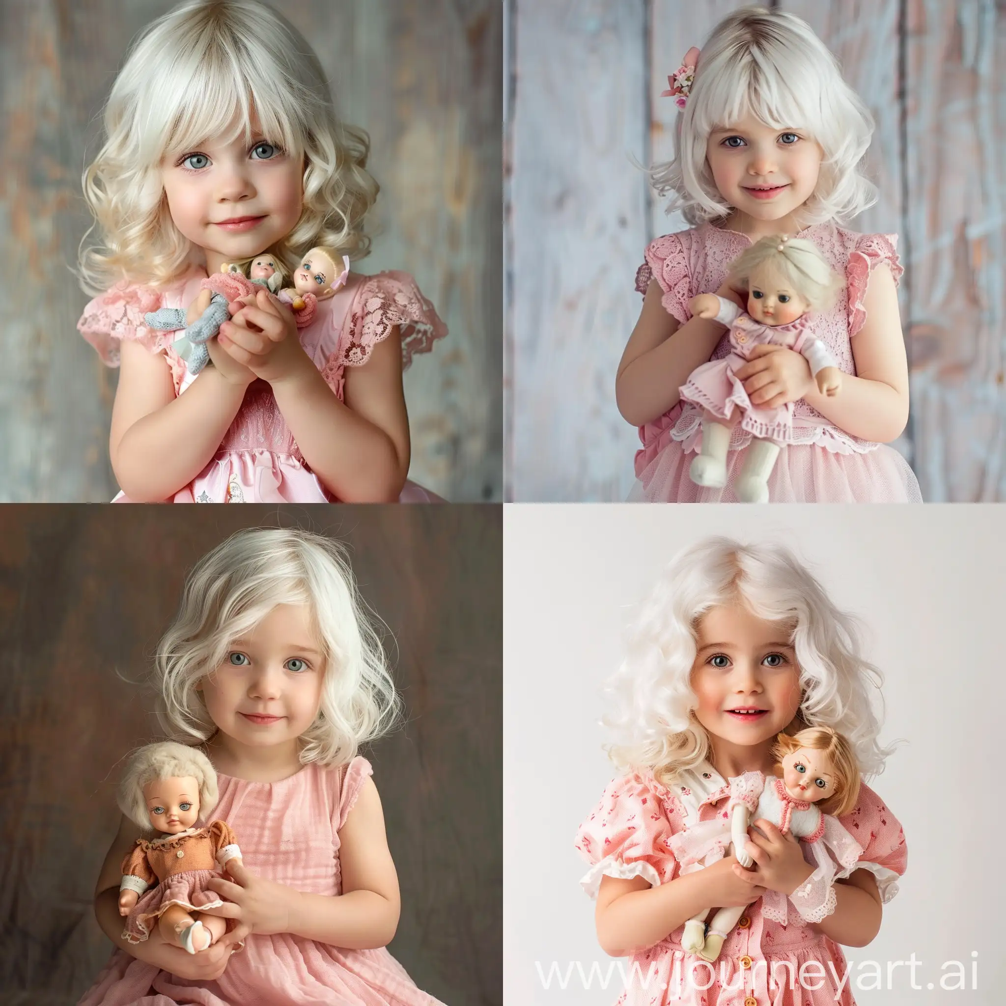 可爱的小女孩 很q白色头发粉色裙子抱着玩偶