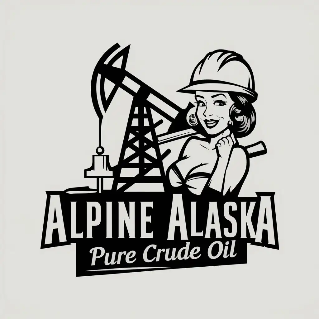 a logo design,with the text "Alpine Alaska Pure Cude Oil", main symbol:stylized oil well with pinup girl wearing a hardhat and holding a sledgehammer,Moderate,clear background