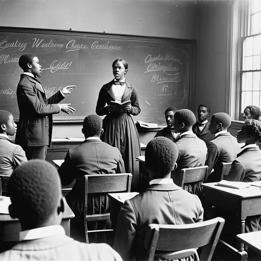 African American students speaking in front of class, 1878