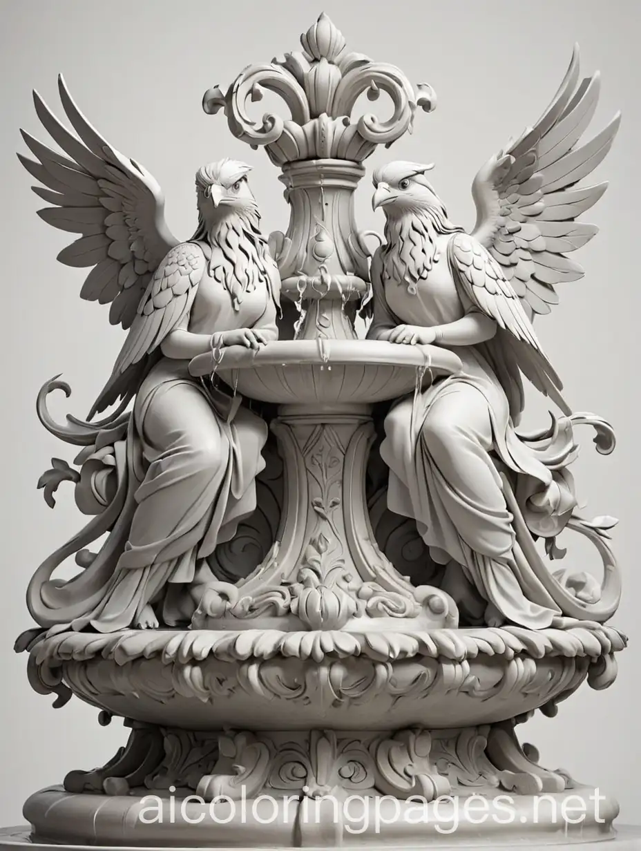 Two birds sitting on a fountain, elegant, Alphonse Mucha , trending on art station,
bas relief style, Coloring Page, black and white, line art, white background, Simplicity, Ample White Space. The background of the coloring page is plain white to make it easy for young children to color within the lines. The outlines of all the subjects are easy to distinguish, making it simple for kids to color without too much difficulty