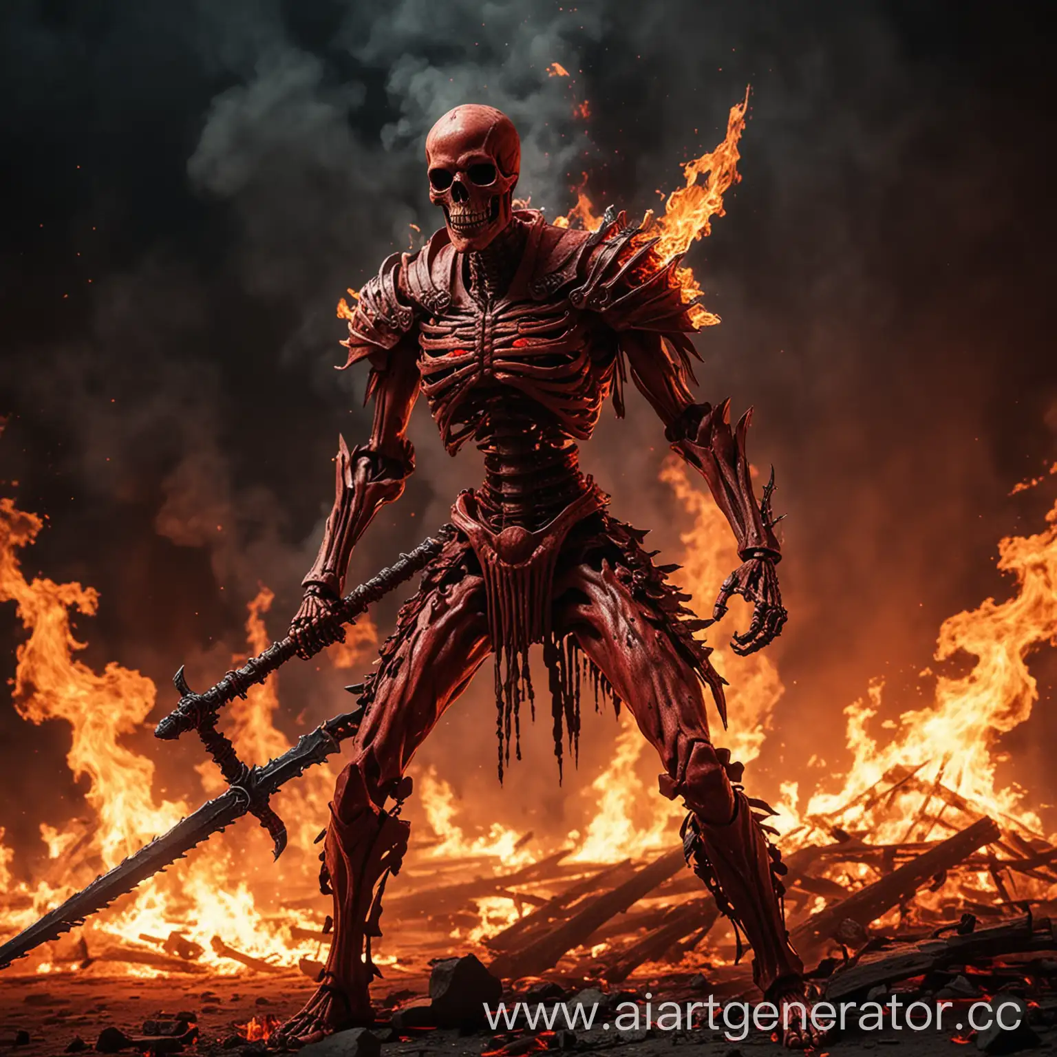 Красный скелет в огне атакует огненным мечом