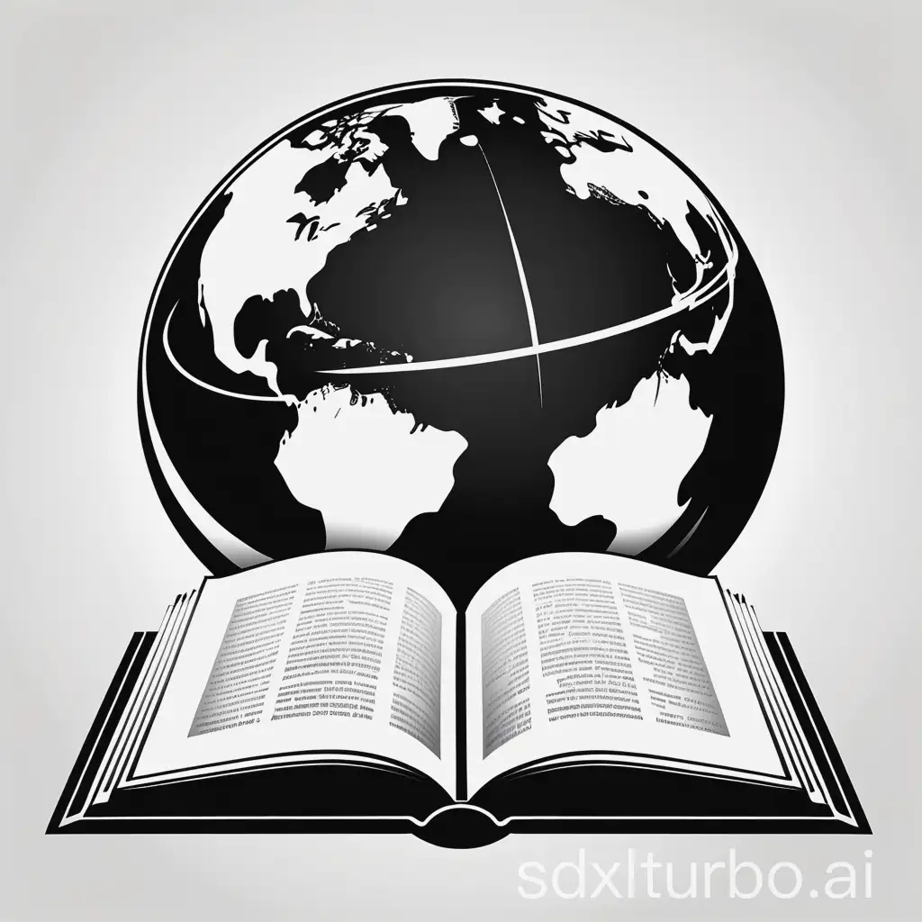 B&W vector logo, bannerm two globes side by side above an open book
