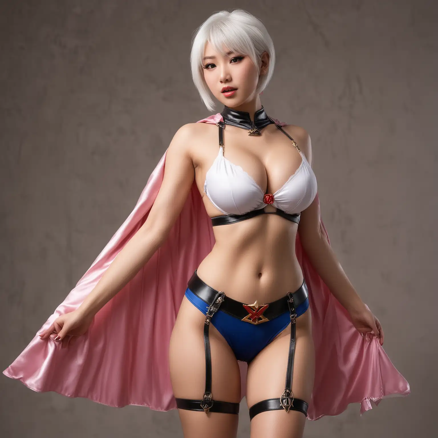 sultry chinese supergirl large breasts lean body dominatrix panty and bra cape white short hair