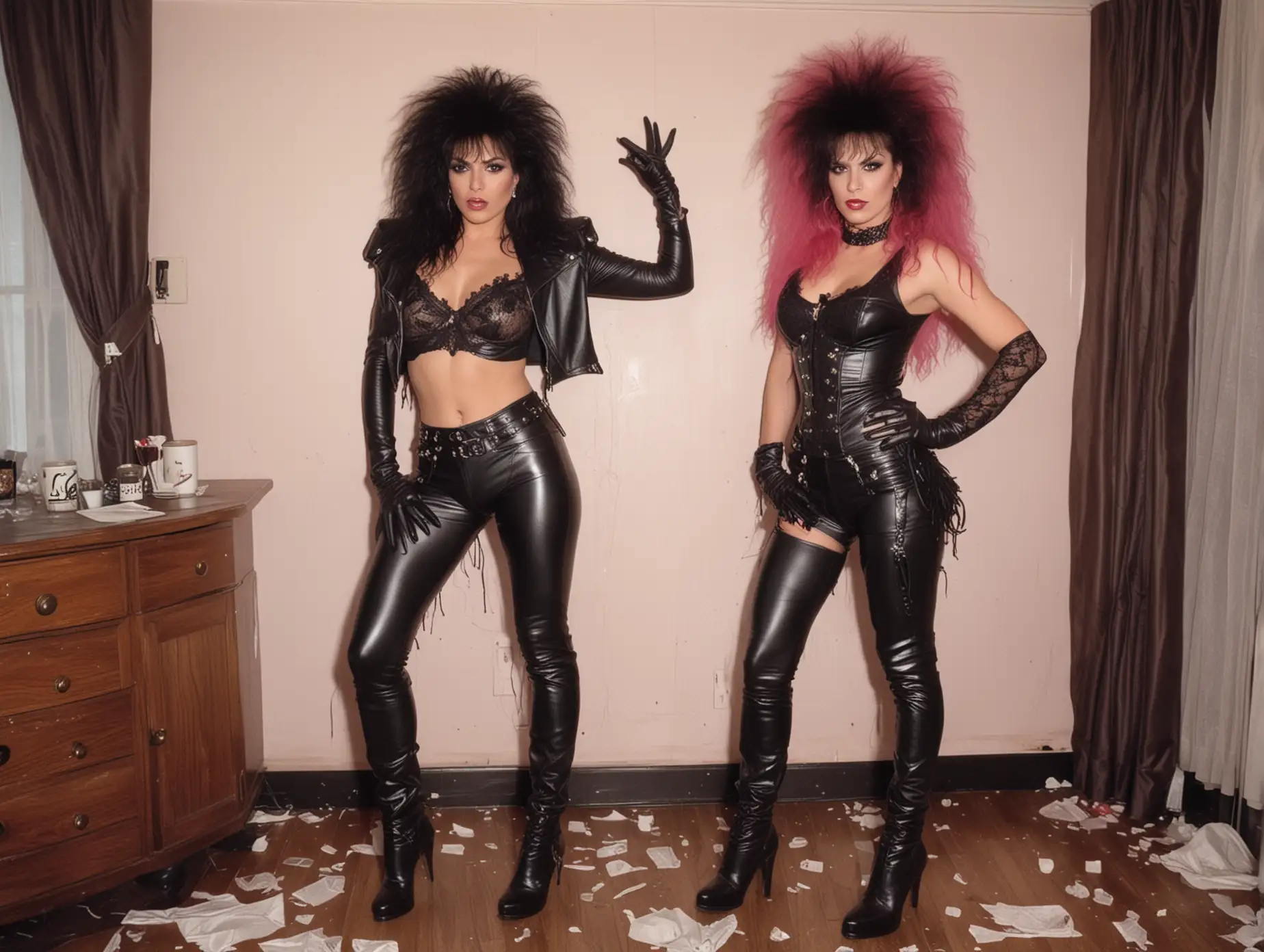 Maxine-Petrucci-of-Madam-X-Band-in-1980s-Rock-Attire-Standing-in-TrashFilled-Hotel-Room