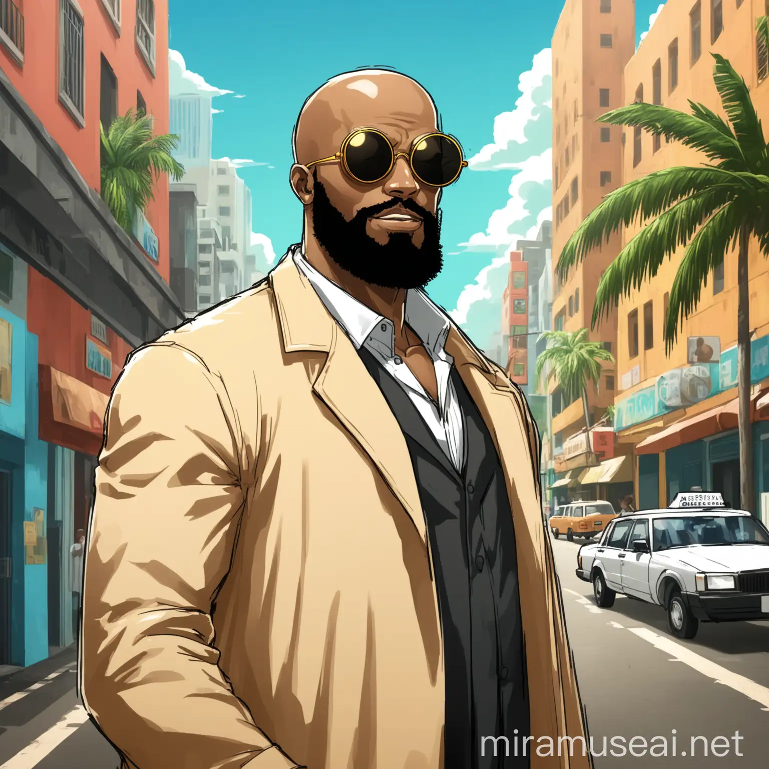Bald Black Detective with Sunglasses in Urban Tropical City