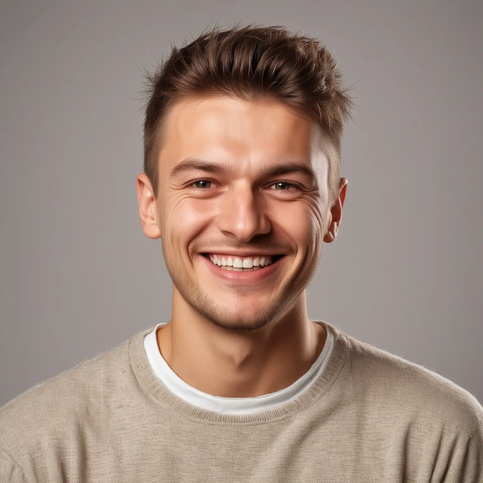 guy of Slavic nationality smiling to his fullest, plain background, real photo