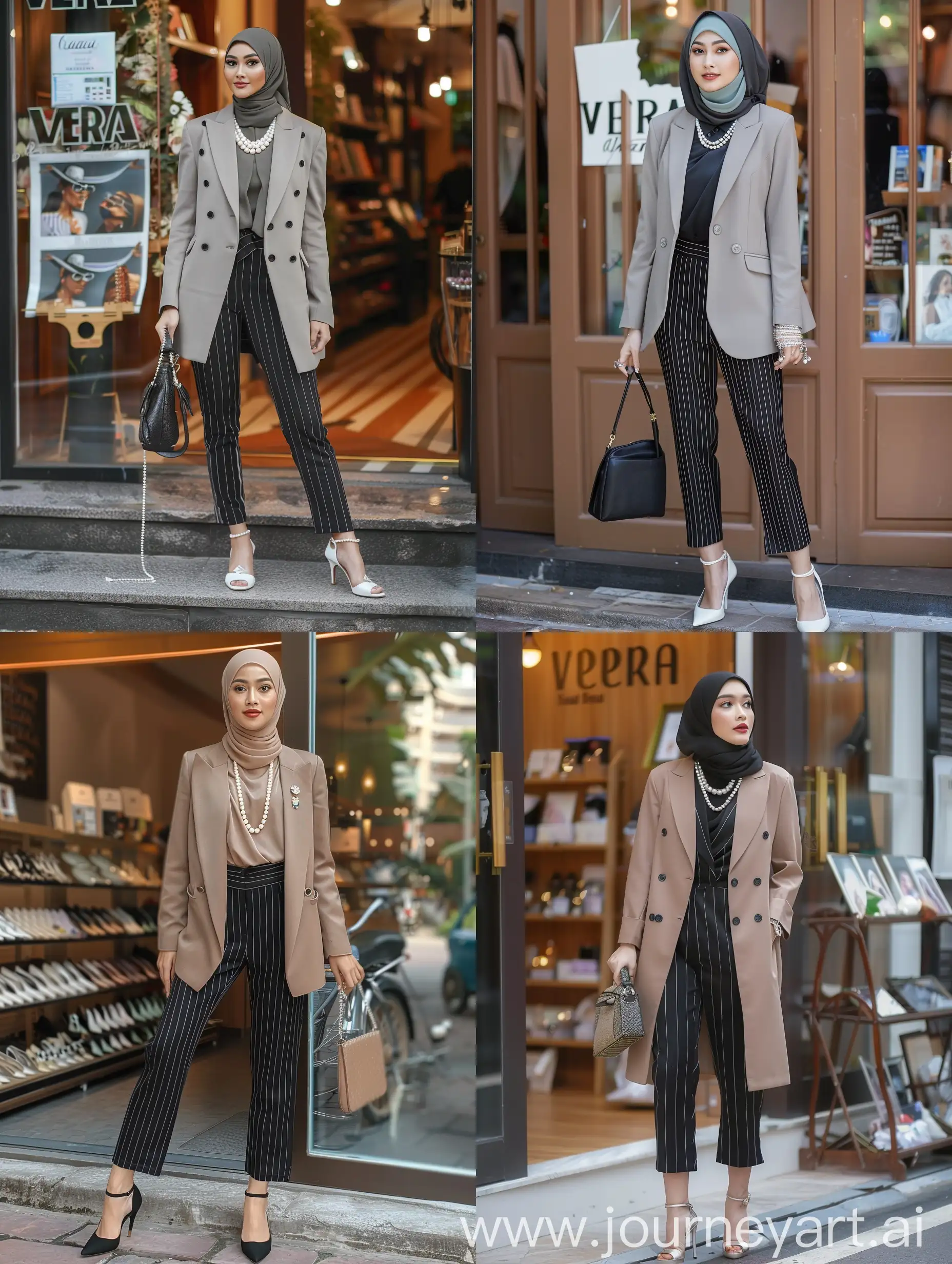 beautiful Indonesian hijab woman wearing a blazer and black striped women's pants,hight heels, pearl necklace and earrings, holding a handbag, she is standing in front of the vera shop
