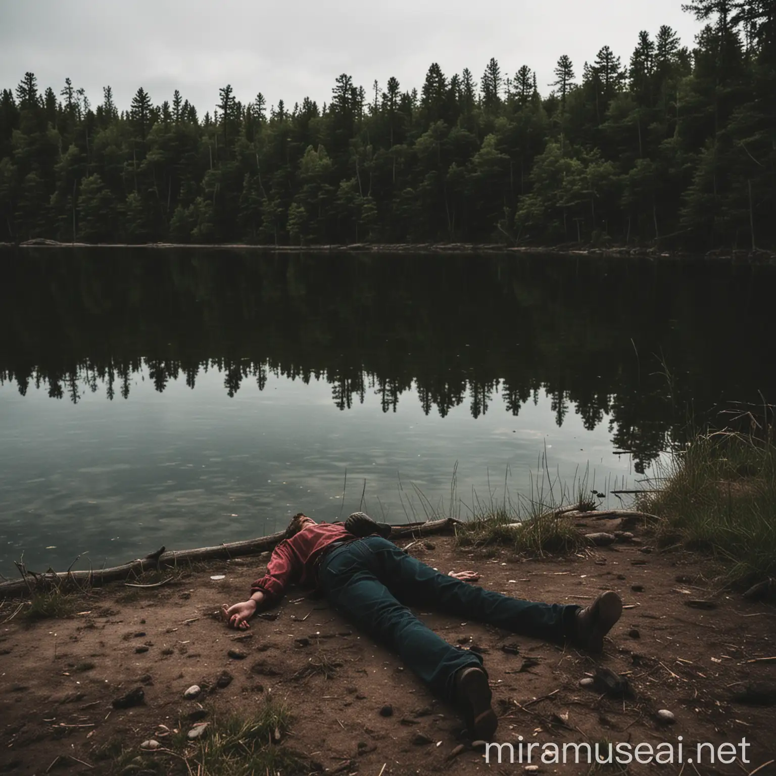Man Lying Lifeless on Dark Lakeshore
