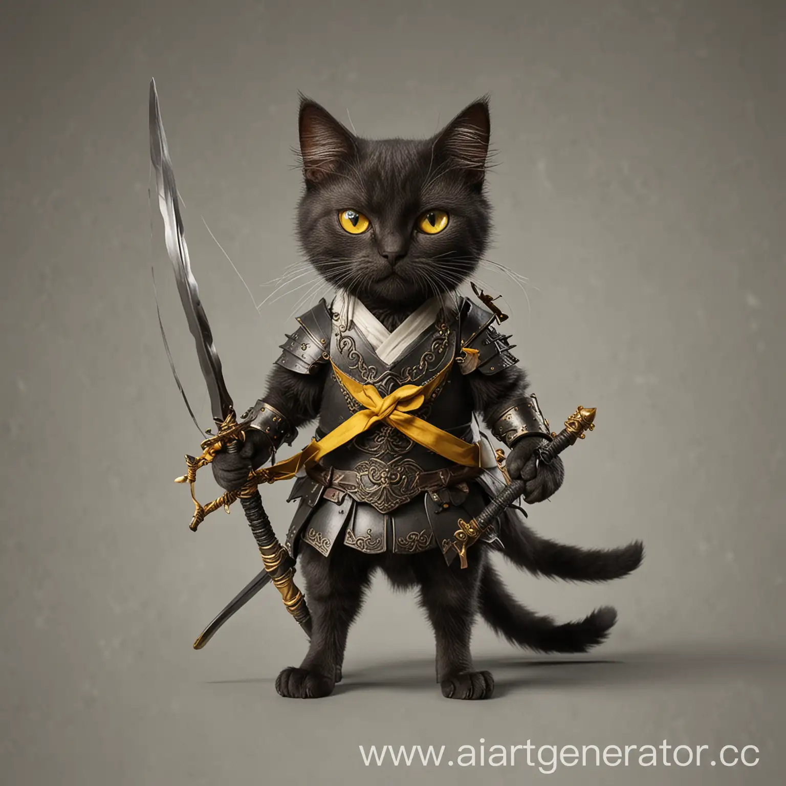кошка на 2 лапах черного цвета и желтыми глазами, маленького размера, с длинным луком  и 2 мечами
