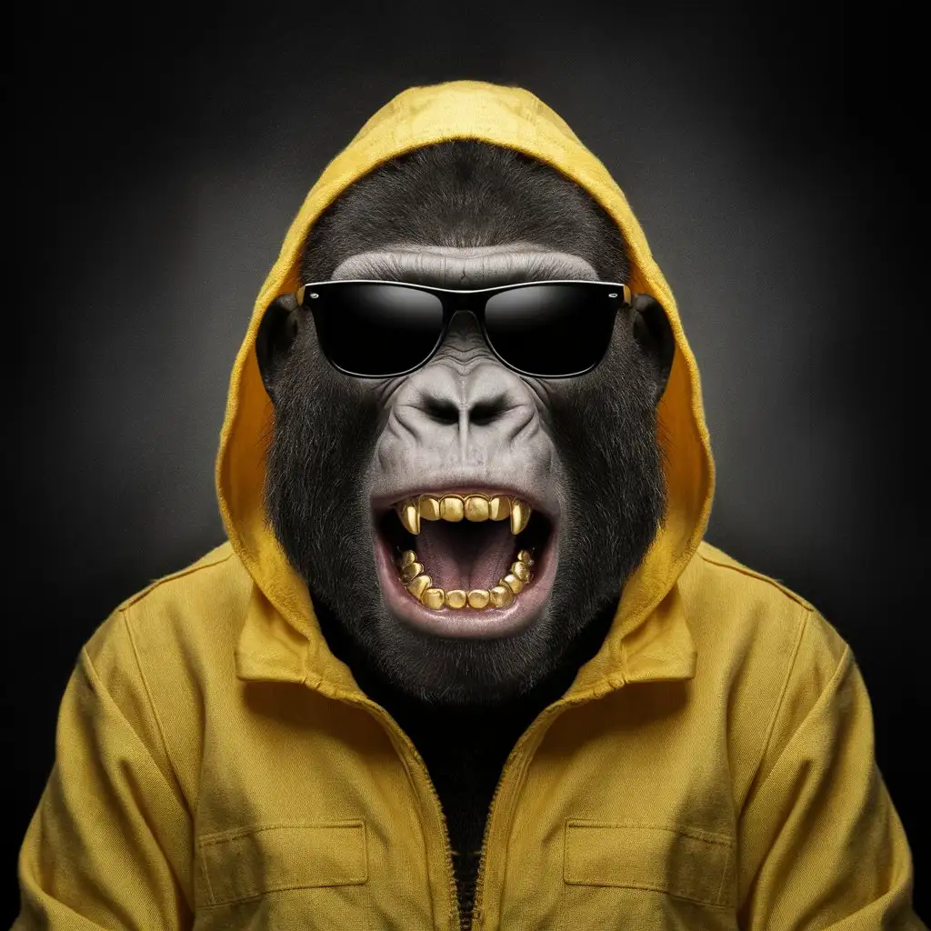 Close up to the face of a Gorilla dressed in a yellow jumpsuit like the one from the series Breaking Bad. He wears dark sunglasses with black frames. The hood covers his head. His mouth is open and he is showing gold teeth.