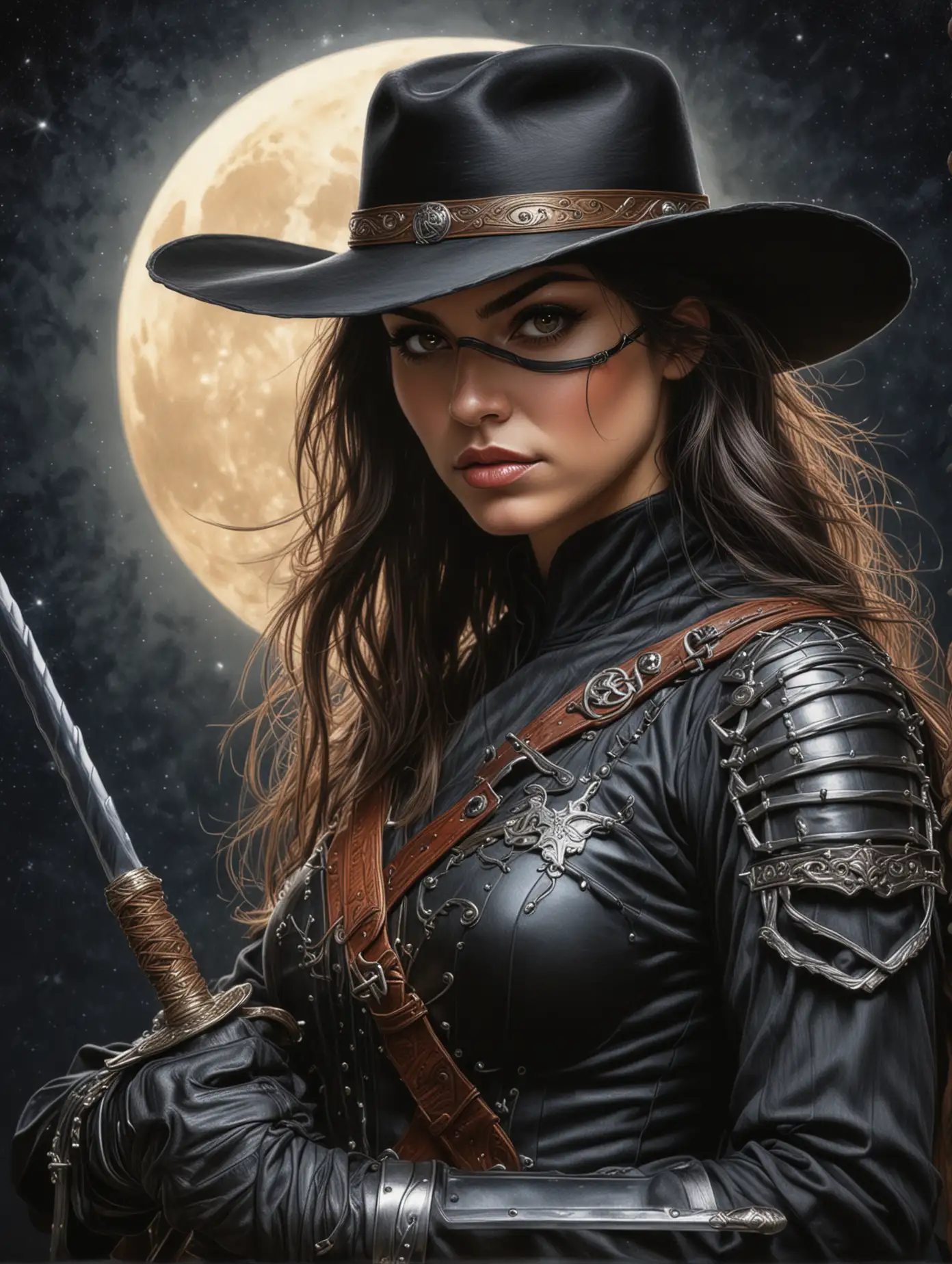 Highly detailed colored pencil sketch drawing of a american female in cosplay as Zorro, holding a fencing sword, moody face, eclipse moon background, fantasy theme, intricate details, sharp focus, matte colorful organic shape, masterpiece art, high resolution, concept art